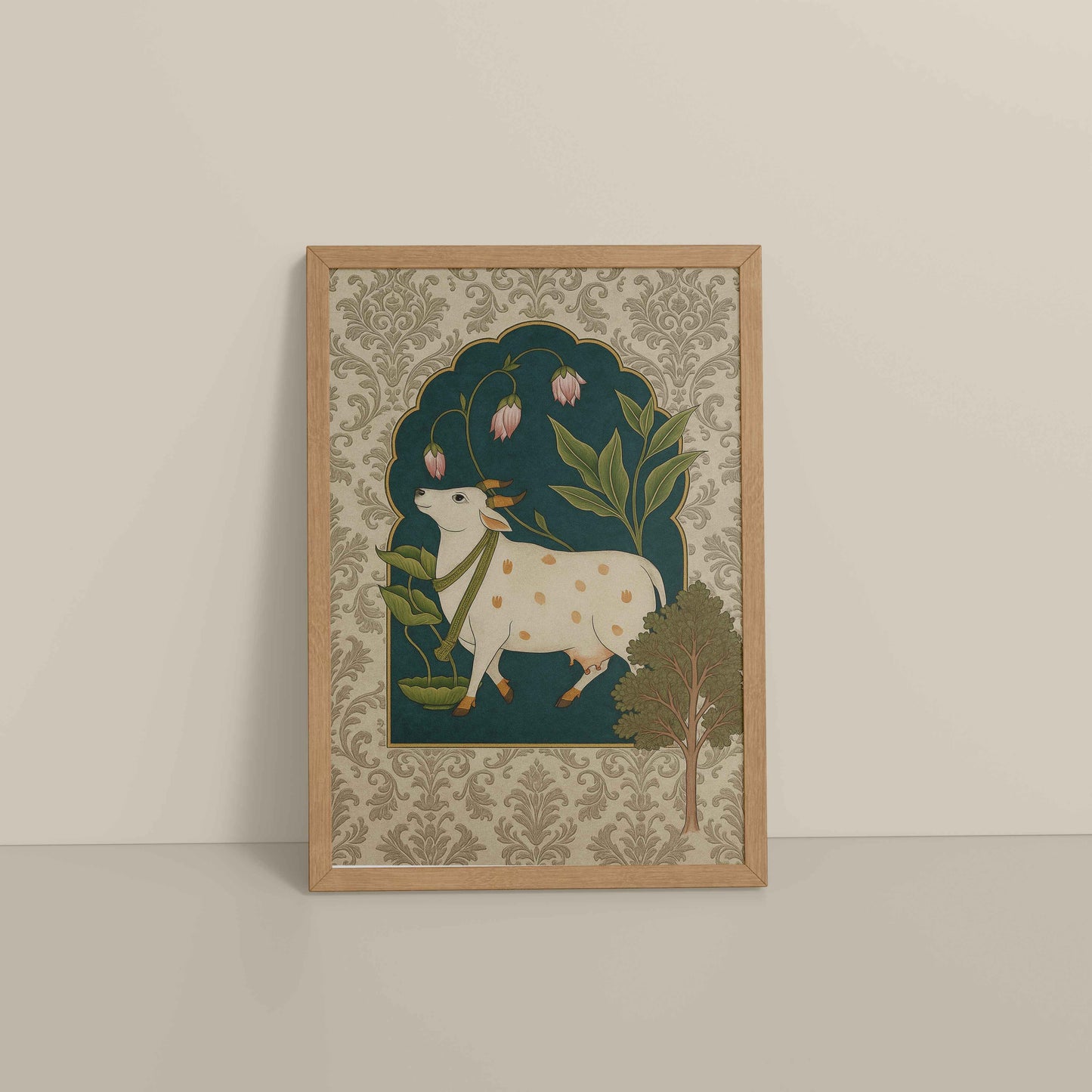 Floor View of Timeless Devotion – Holy Cow in Indian Pichhwai Art in Natrual Color Frame
