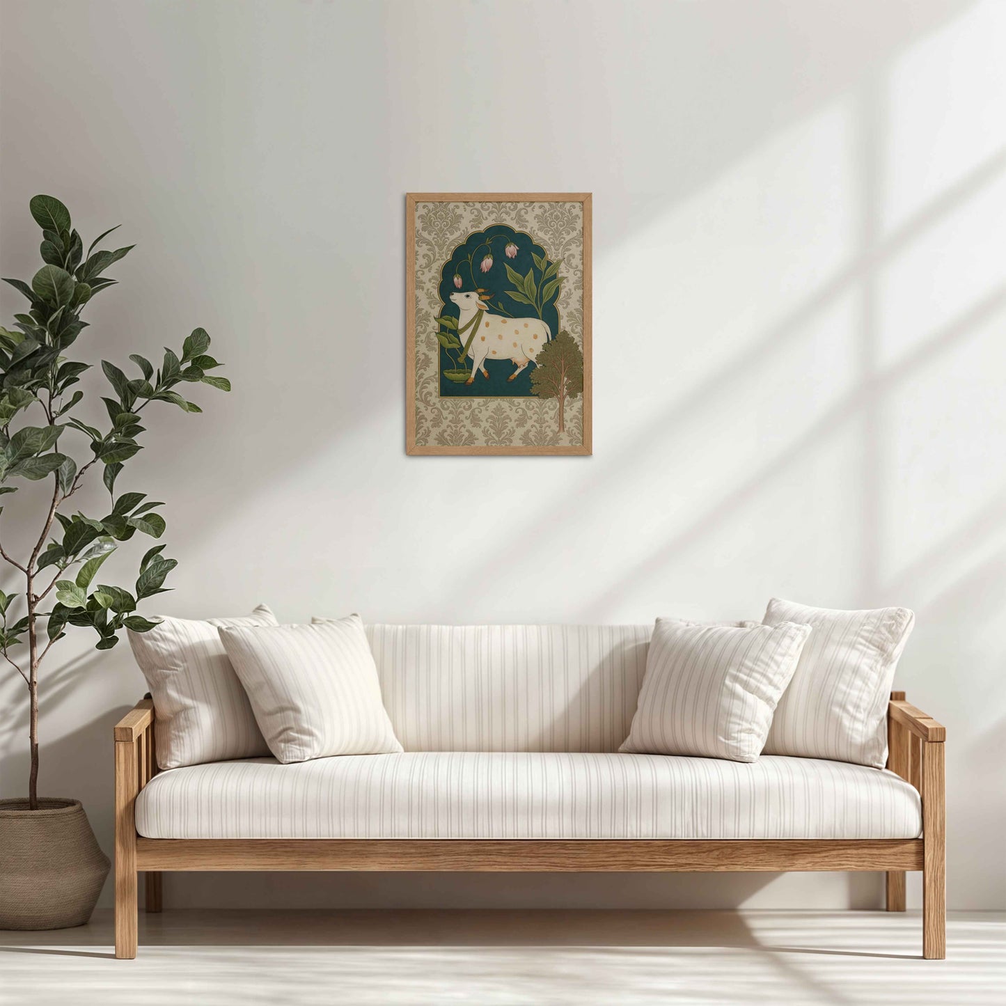 Living Room Cabinet Table Preview of Timeless Devotion – Holy Cow in Indian Pichhwai Art in Natrual Color Frame