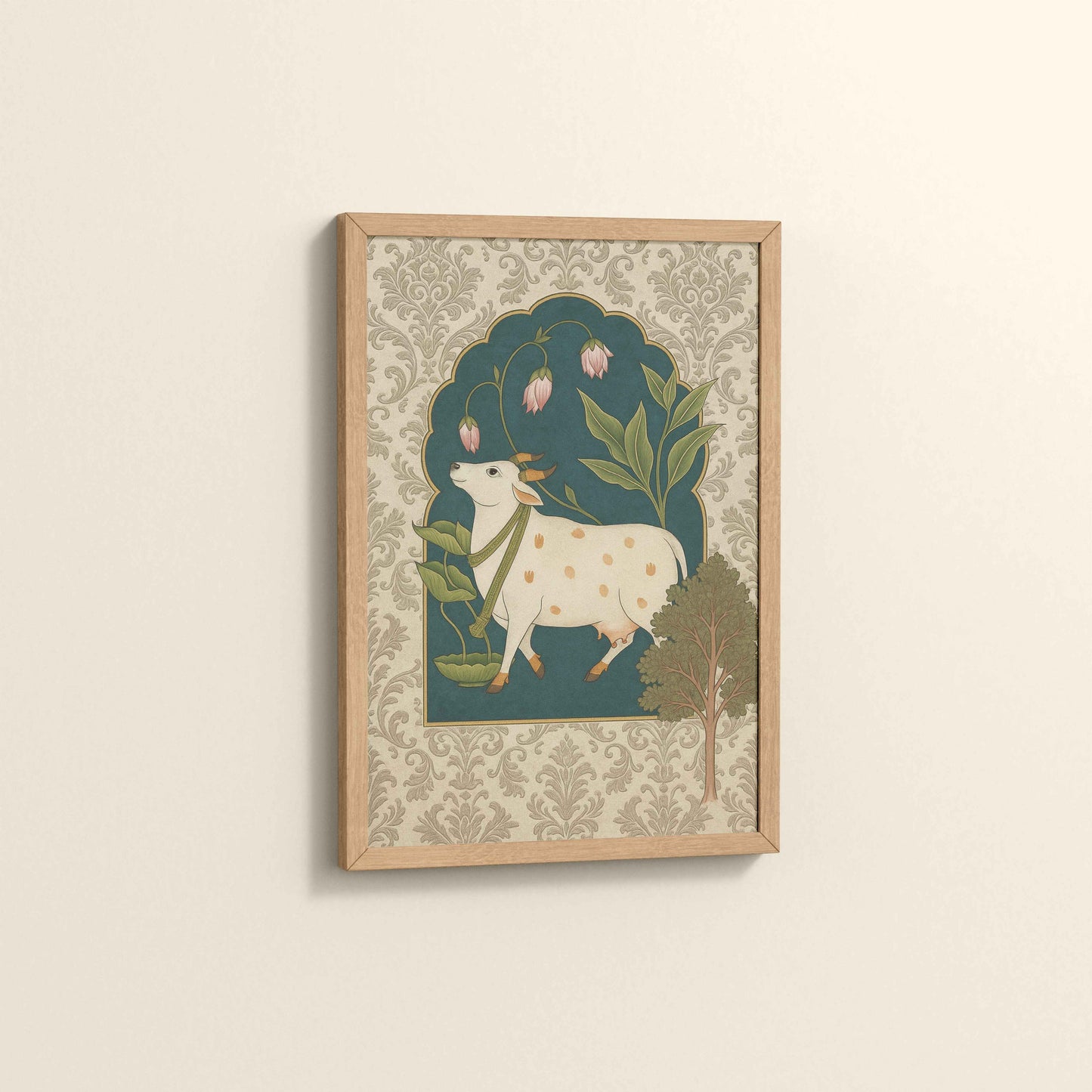 Side View of Timeless Devotion – Holy Cow in Indian Pichhwai Art in Natrual Color Frame