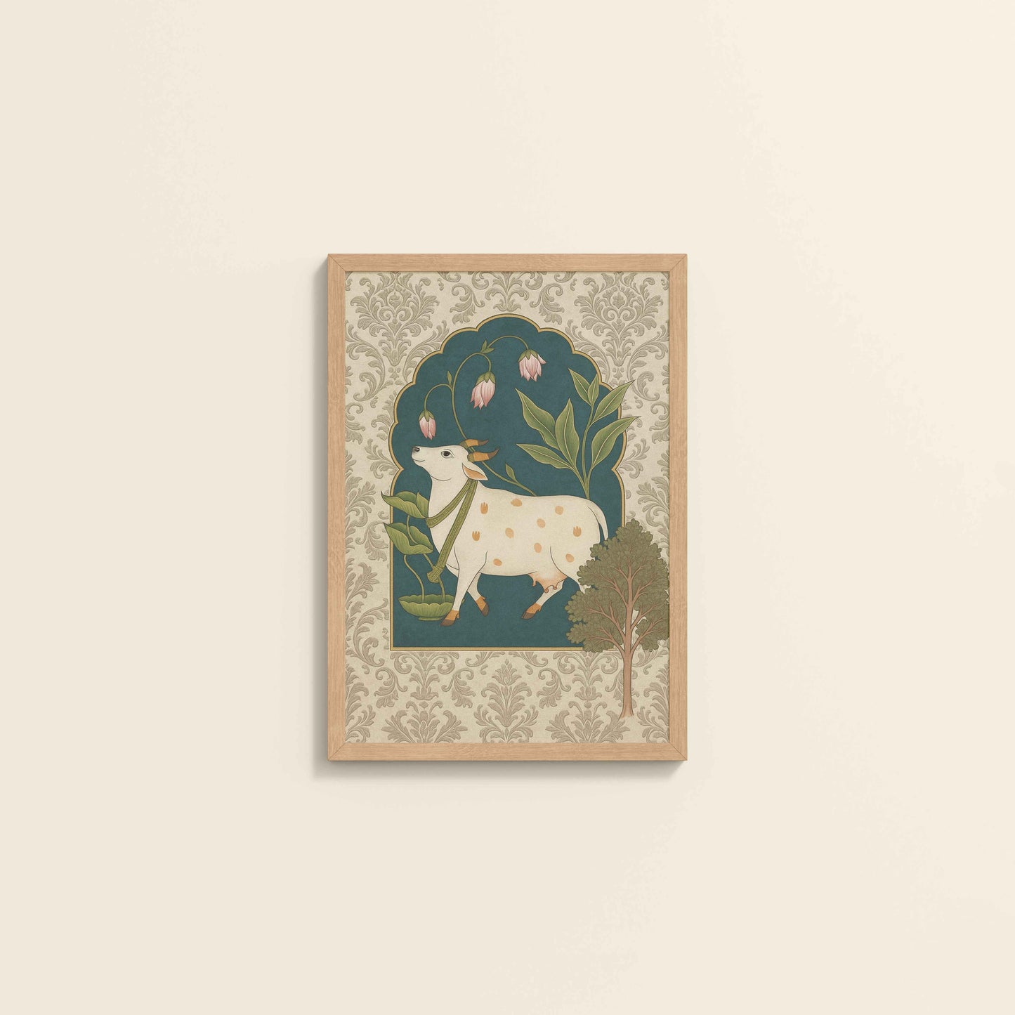 Wall View of Timeless Devotion – Holy Cow in Indian Pichhwai Art in Natrual Color Frame