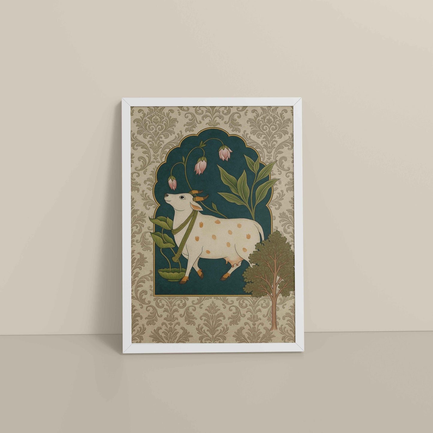 Floor View of Timeless Devotion – Holy Cow in Indian Pichhwai Art in White Color Frame