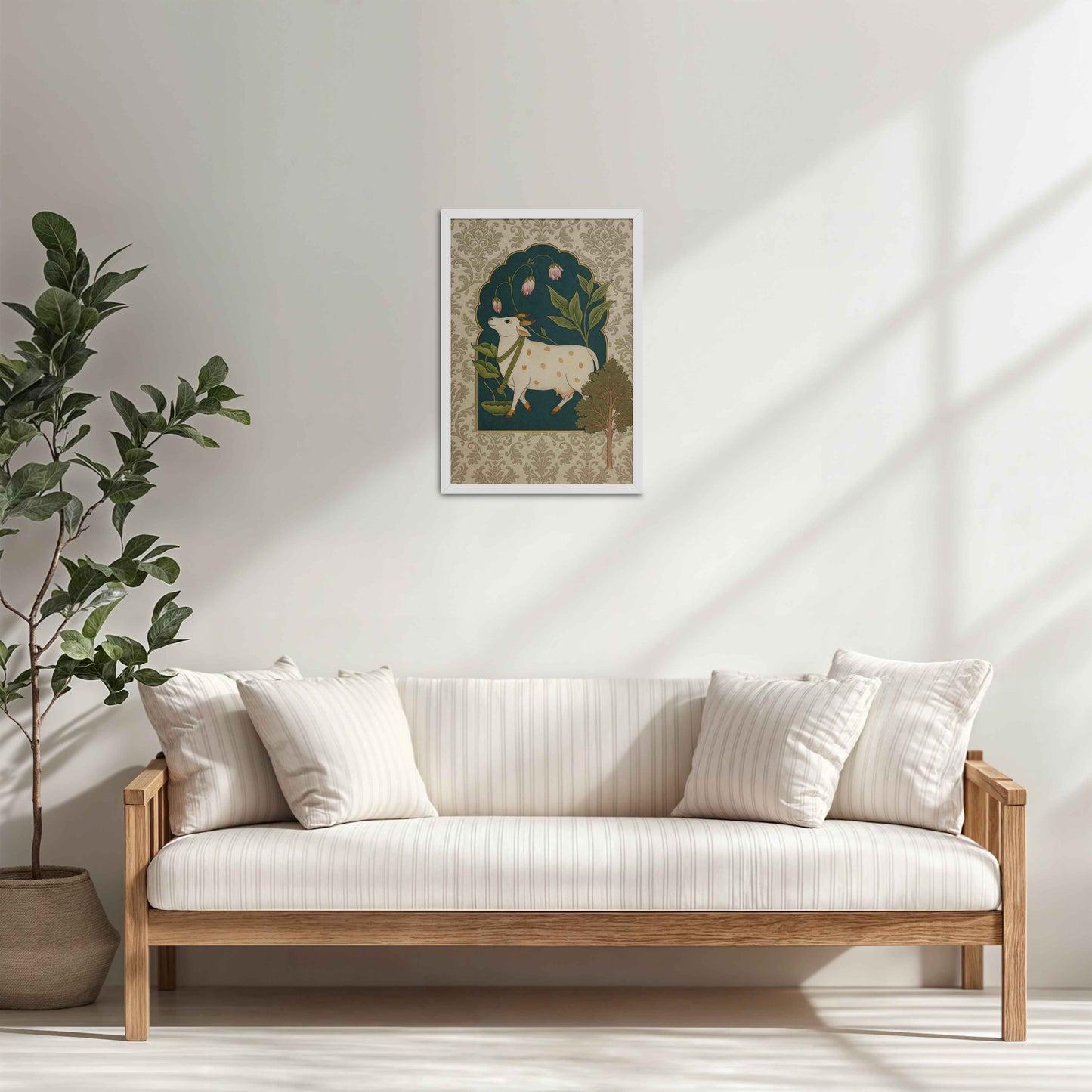 Living Room Cabinet Table Preview of Timeless Devotion – Holy Cow in Indian Pichhwai Art in White Color Frame