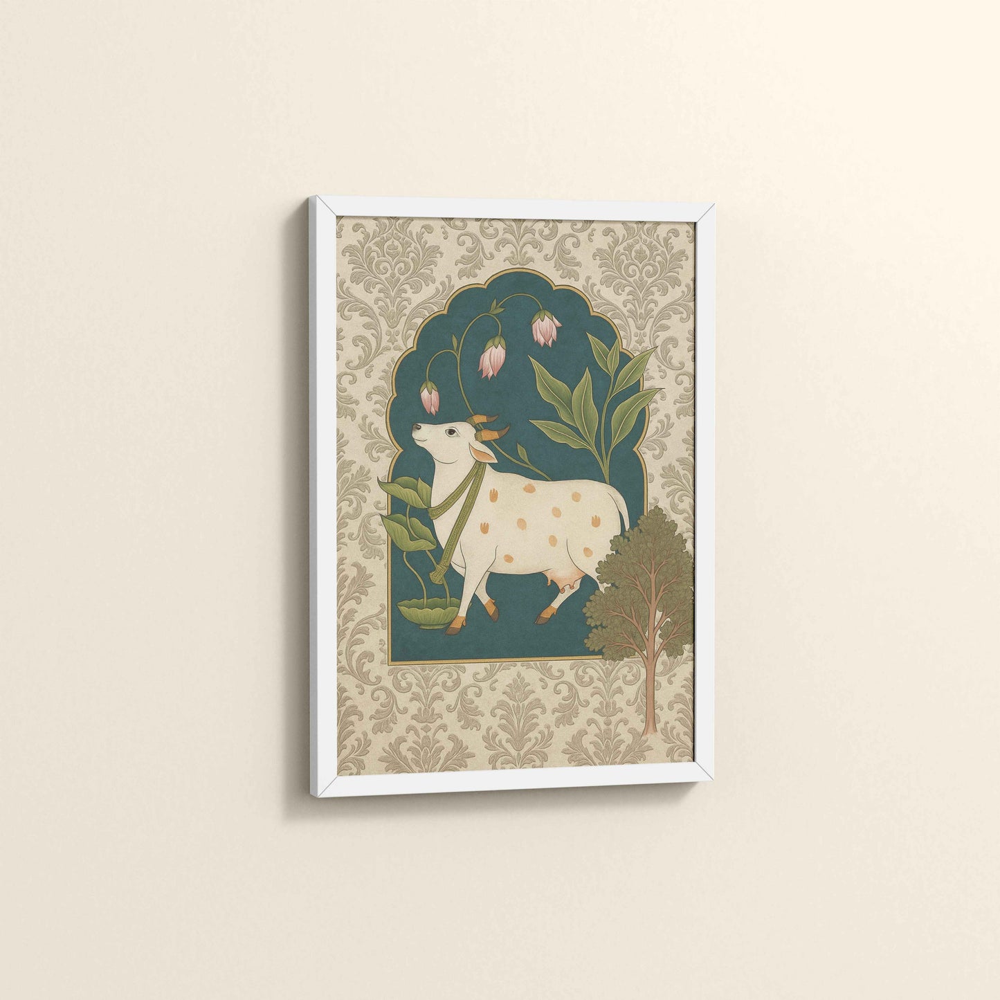 Side View of Timeless Devotion – Holy Cow in Indian Pichhwai Art in White Color Frame