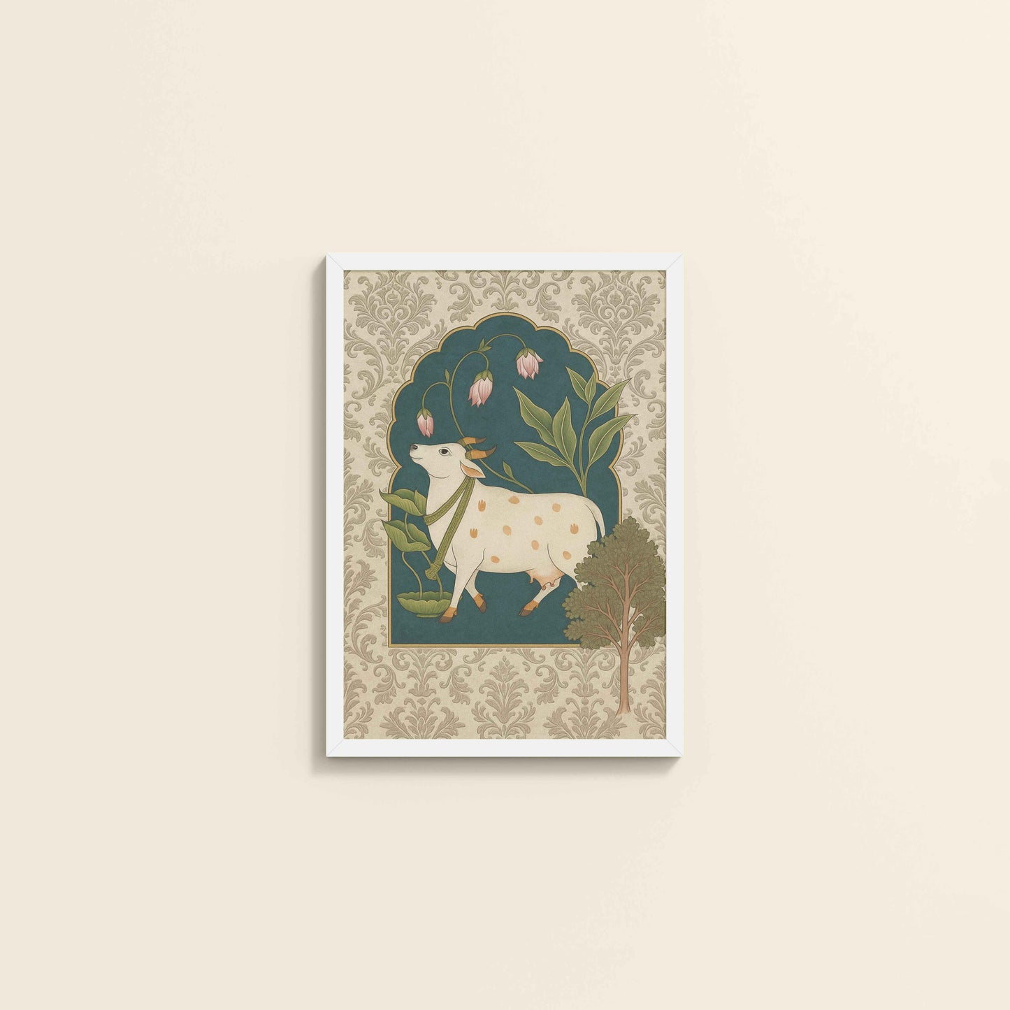 Wall View of Timeless Devotion – Holy Cow in Indian Pichhwai Art in White Color Frame
