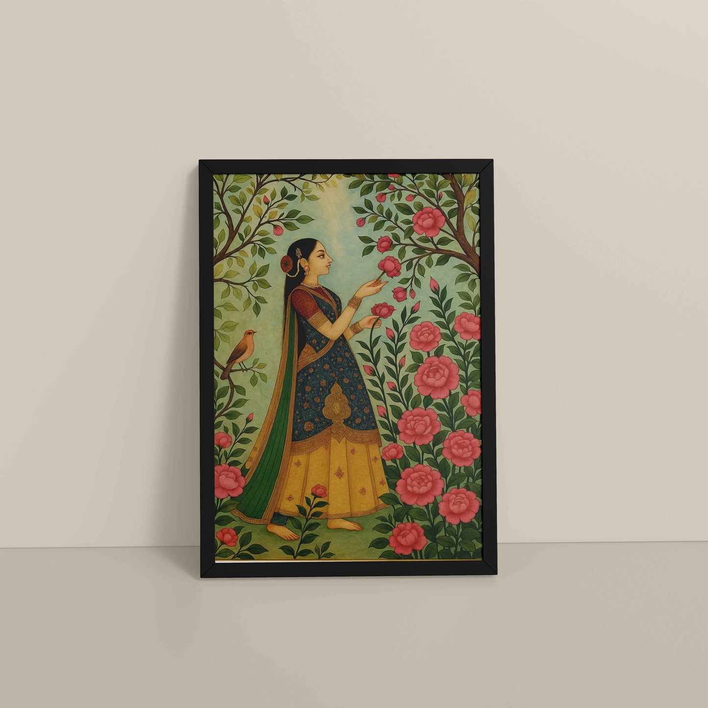 Floor View of Mystic Garden – Woman in a Nature Pichwai Art in Black Color Frame