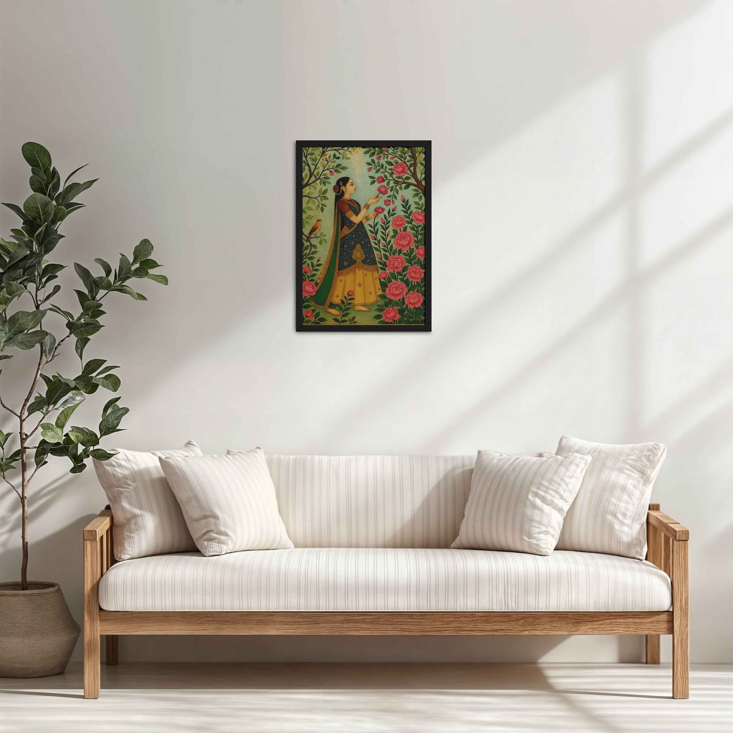 Living Room Cabinet Table Preview of Mystic Garden – Woman in a Nature Pichwai Art in Black Color Frame