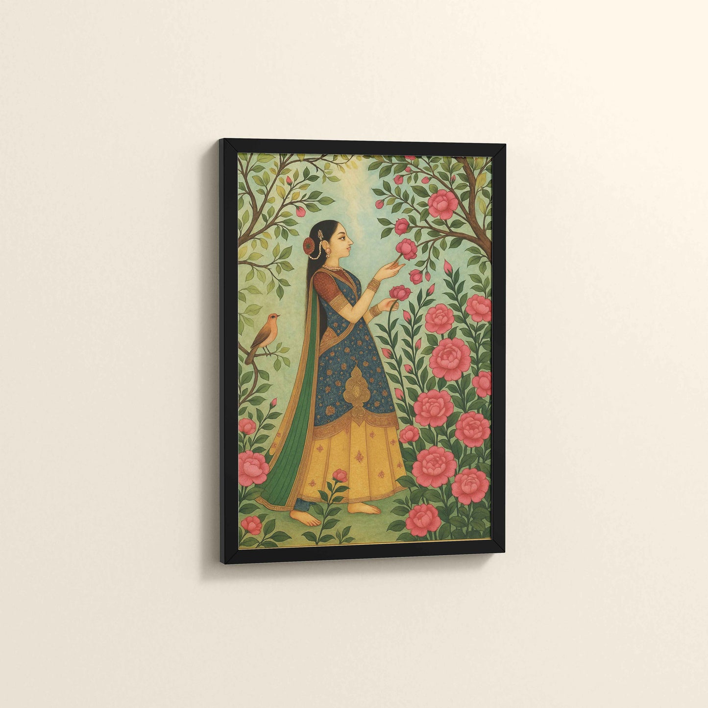 Side View of Mystic Garden – Woman in a Nature Pichwai Art in Black Color Frame