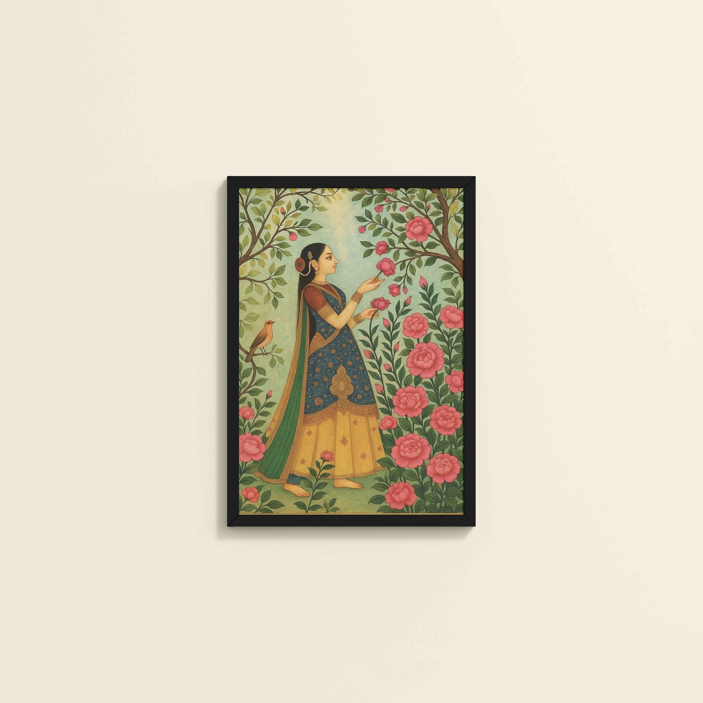 Wall View of Mystic Garden – Woman in a Nature Pichwai Art in Black Color Frame