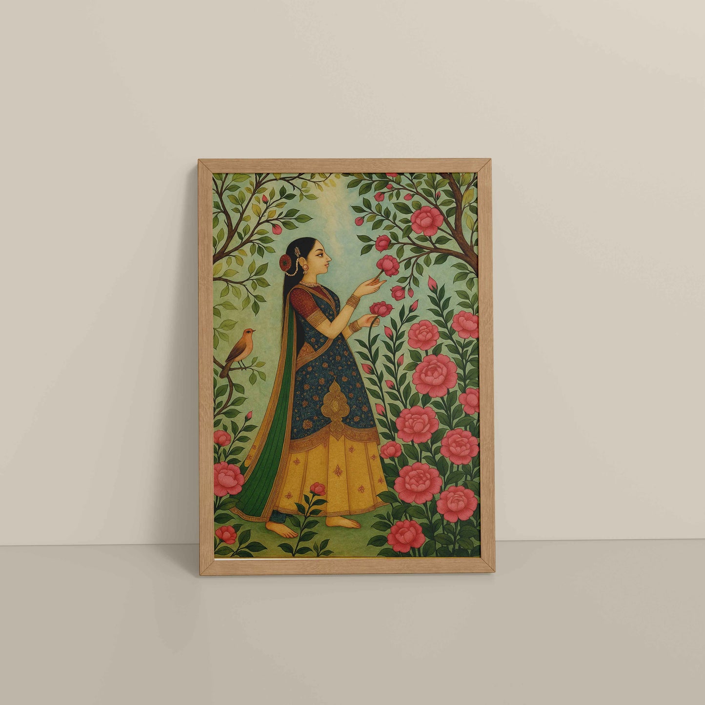 Floor View of Mystic Garden – Woman in a Nature Pichwai Art in Natrual Color Frame