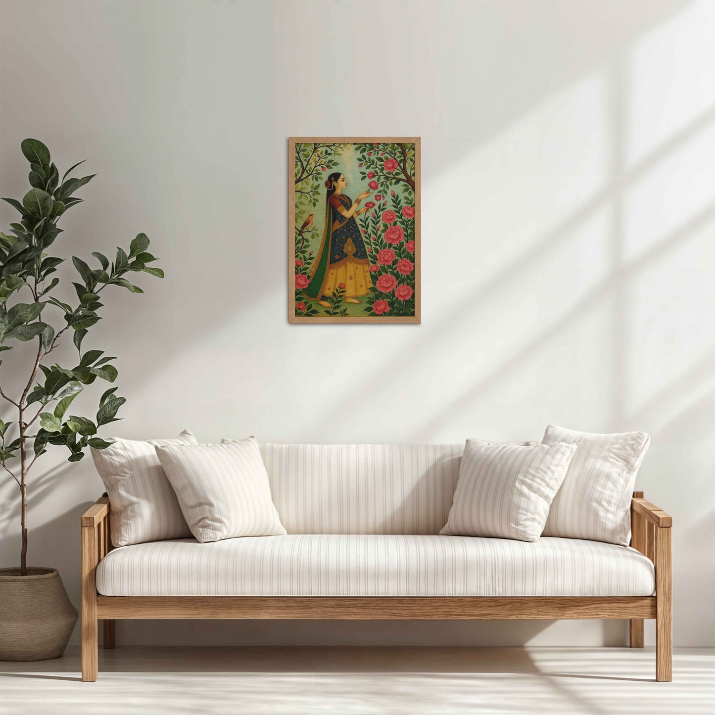 Living Room Cabinet Table Preview of Mystic Garden – Woman in a Nature Pichwai Art in Natrual Color Frame