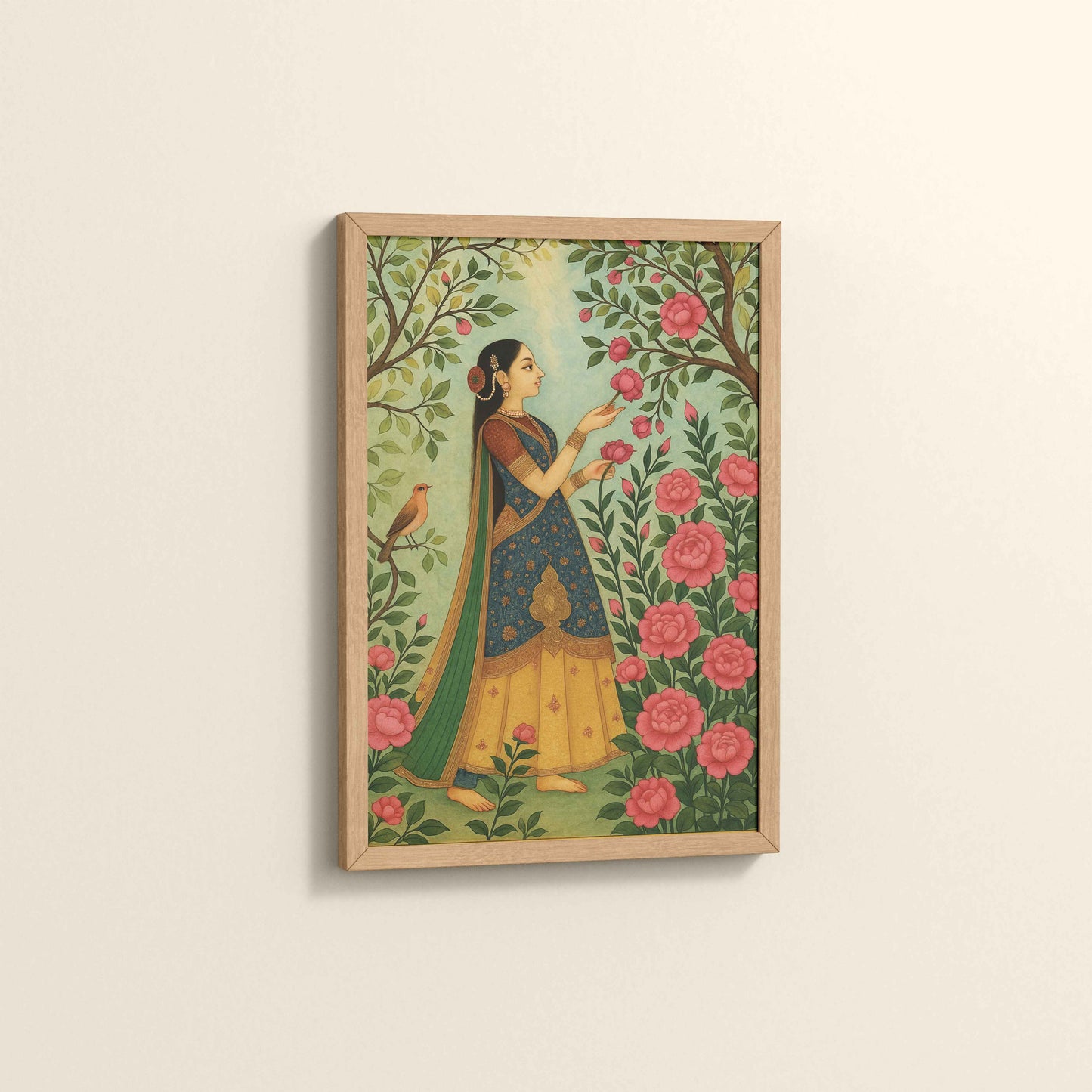 Side View of Mystic Garden – Woman in a Nature Pichwai Art in Natrual Color Frame