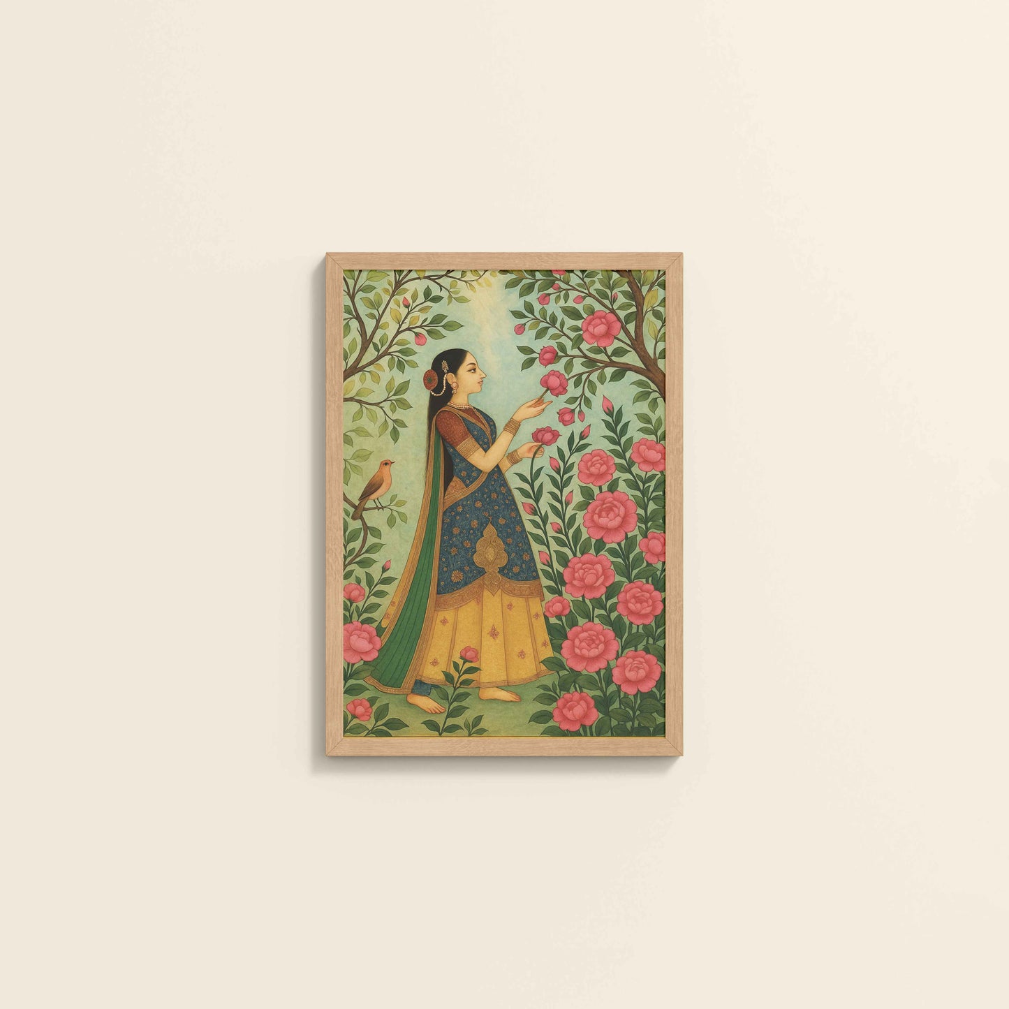 Wall View of Mystic Garden – Woman in a Nature Pichwai Art in Natrual Color Frame