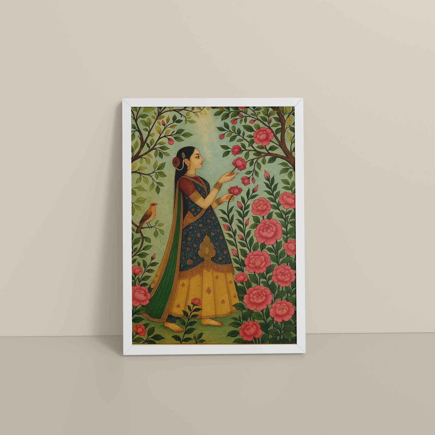 Floor View of Mystic Garden – Woman in a Nature Pichwai Art in White Color Frame
