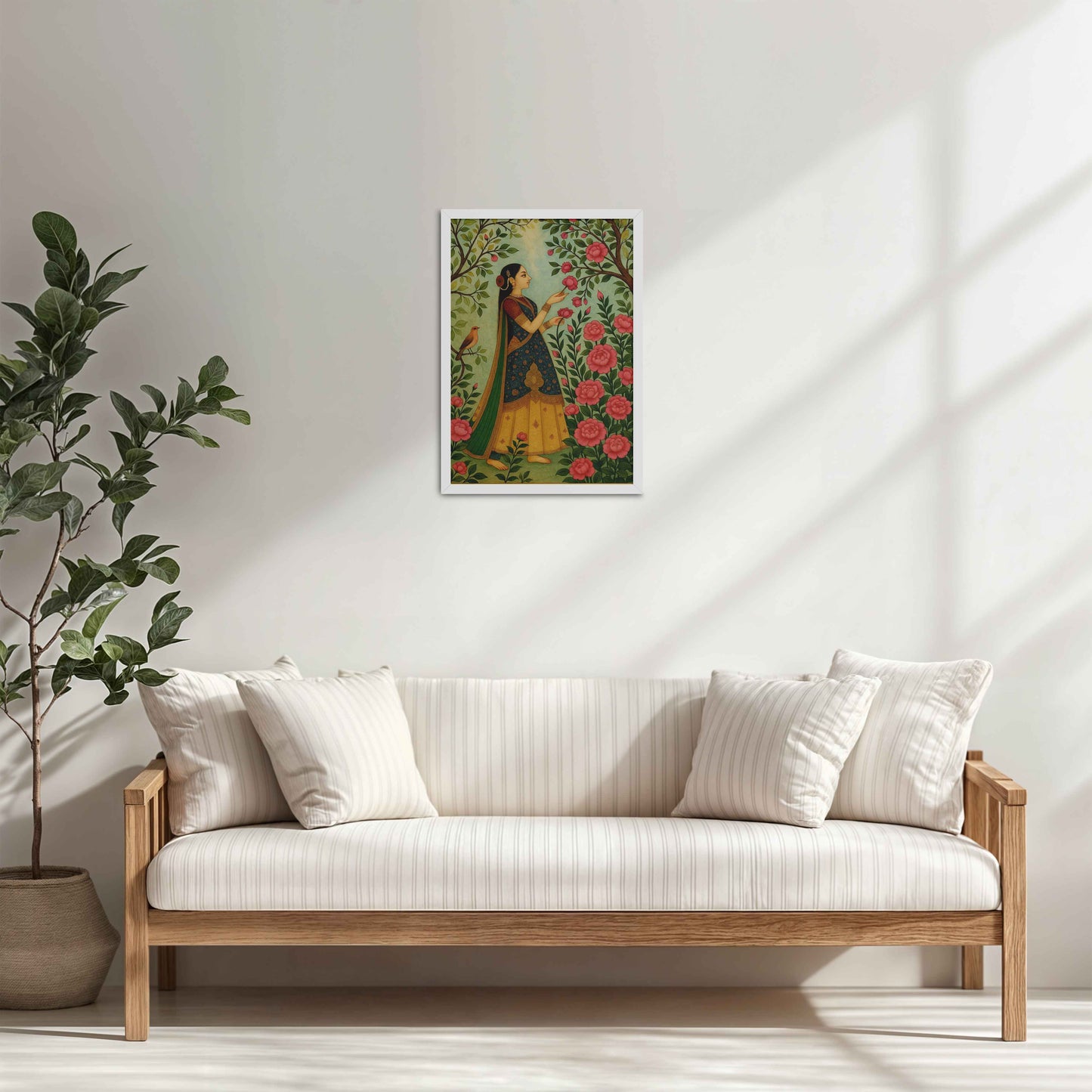 Living Room Cabinet Table Preview of Mystic Garden – Woman in a Nature Pichwai Art in White Color Frame