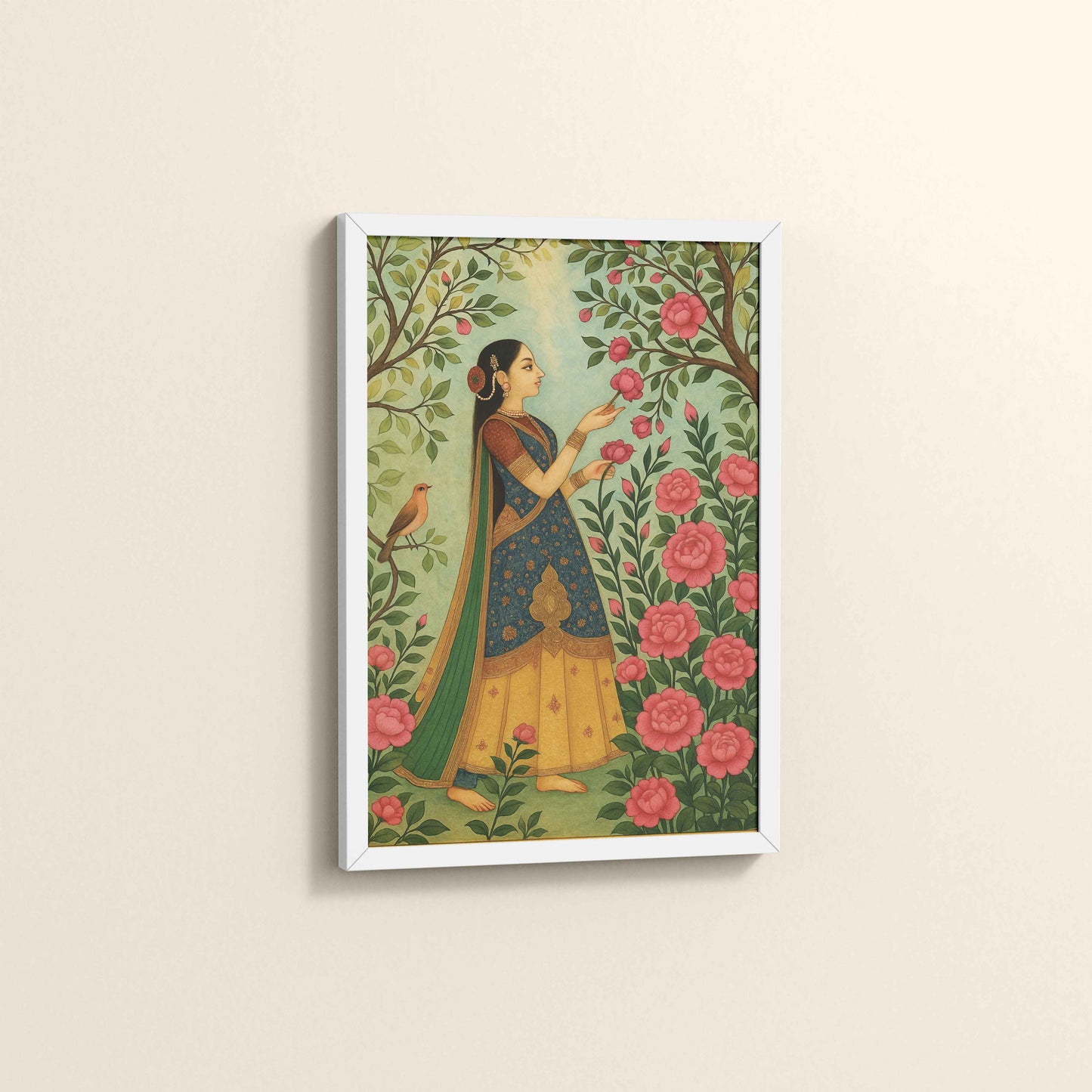 Side View of Mystic Garden – Woman in a Nature Pichwai Art in White Color Frame