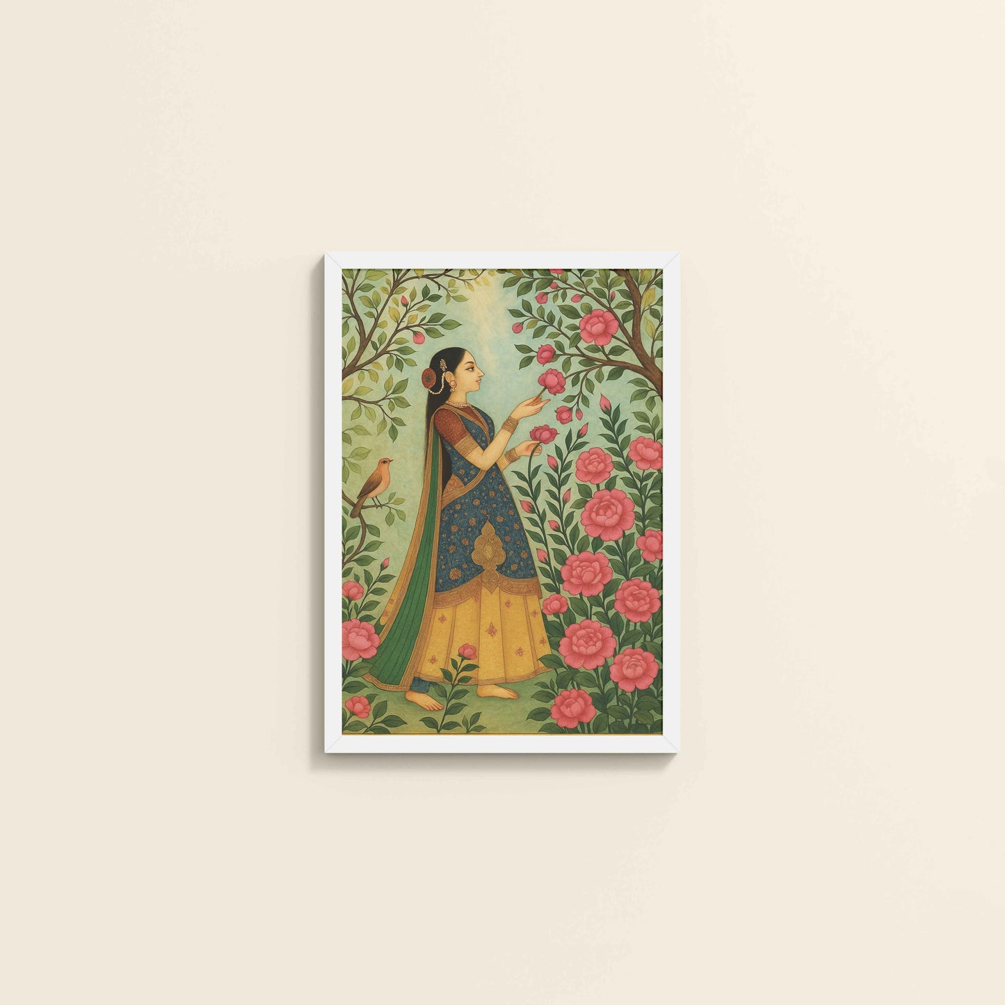 Wall View of Mystic Garden – Woman in a Nature Pichwai Art in White Color Frame