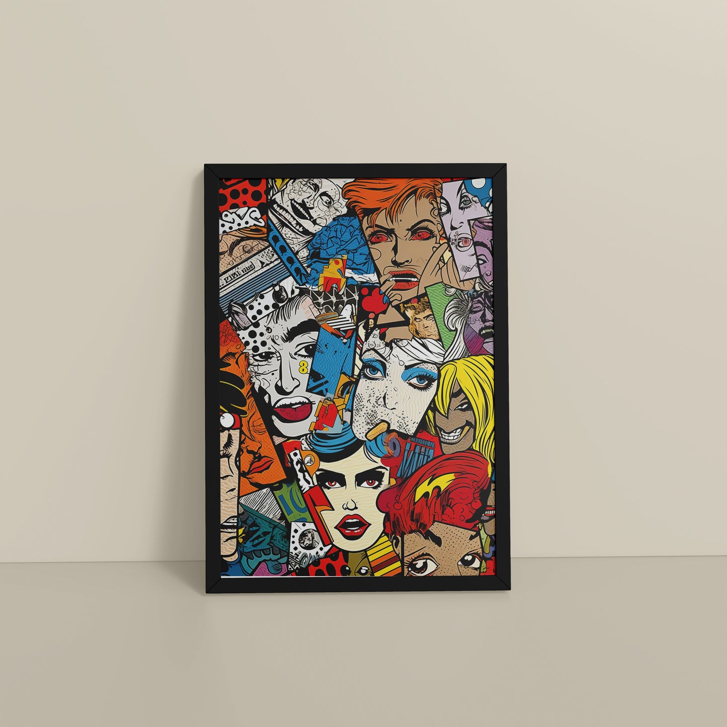 Floor View of Pop Icons – Comic Fashion Collage Wall Art in Black Color Frame
