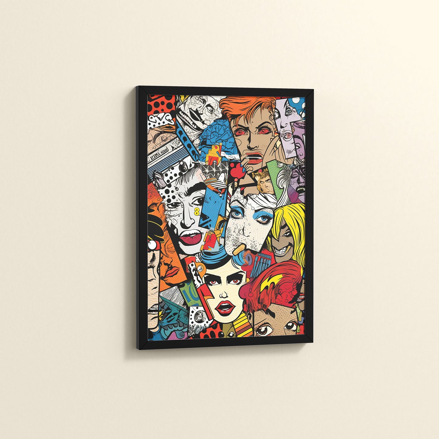 Side View of Pop Icons – Comic Fashion Collage Wall Art in Black Color Frame