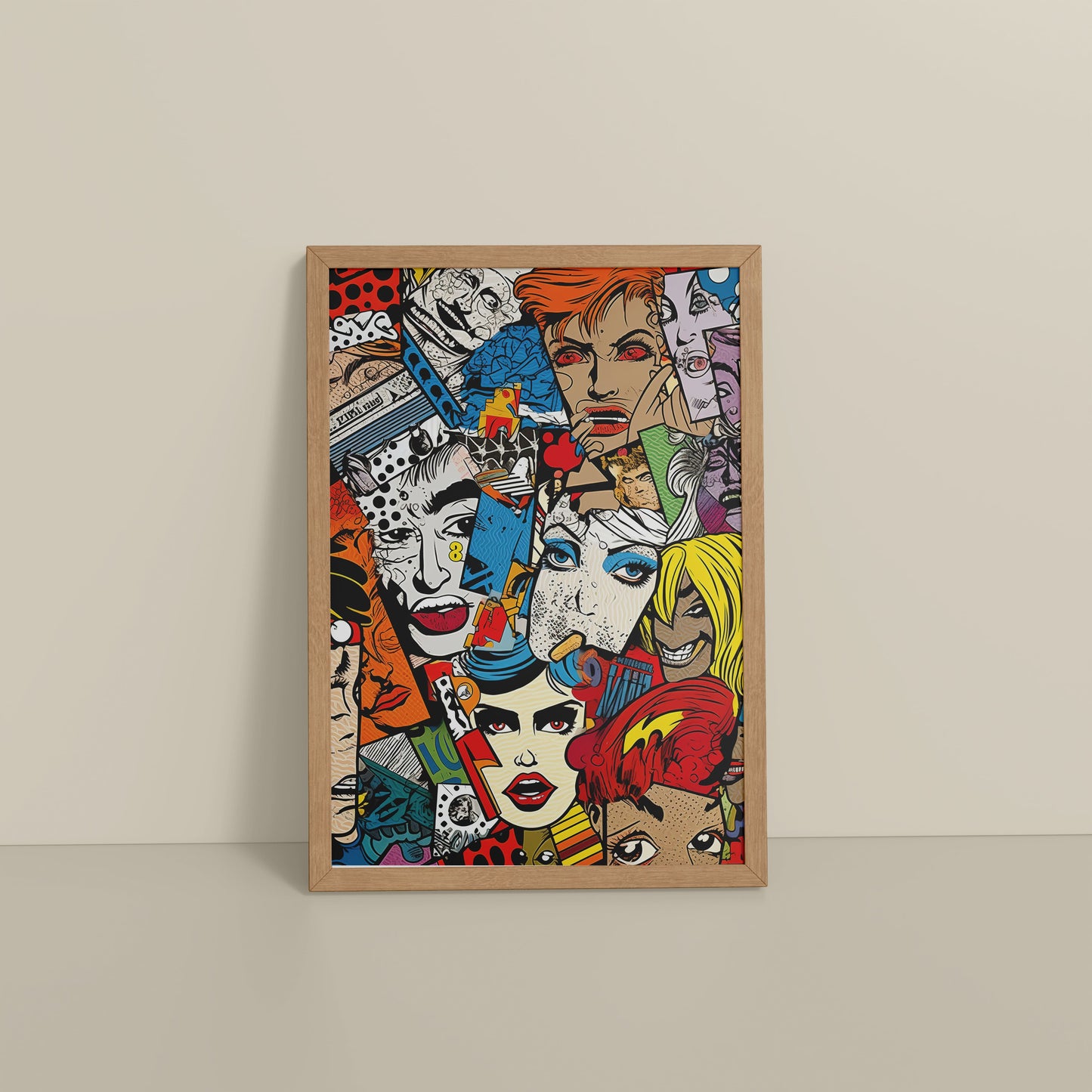 Floor View of Pop Icons – Comic Fashion Collage Wall Art in Natrual Color Frame