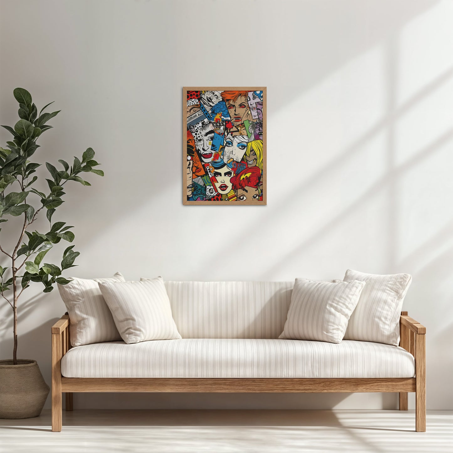 Living Room Cabinet Table Preview of Pop Icons – Comic Fashion Collage Wall Art in Natrual Color Frame