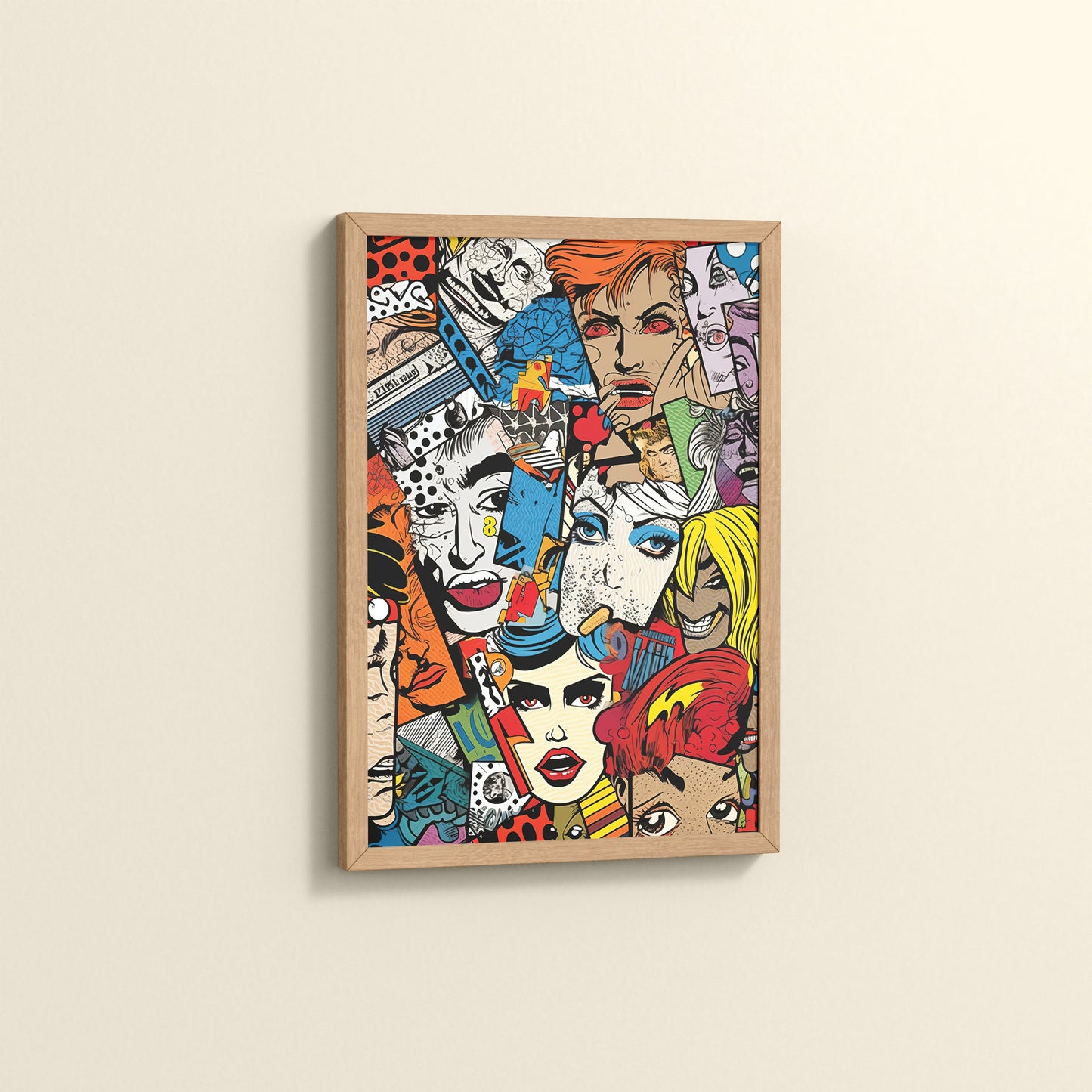 Side View of Pop Icons – Comic Fashion Collage Wall Art in Natrual Color Frame
