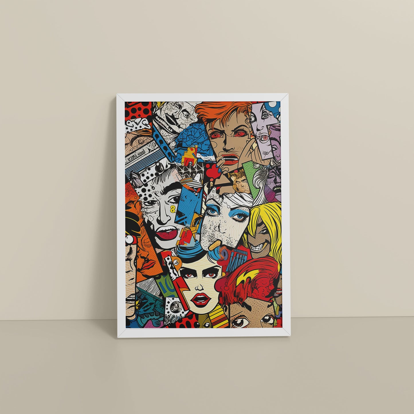 Floor View of Pop Icons – Comic Fashion Collage Wall Art in White Color Frame