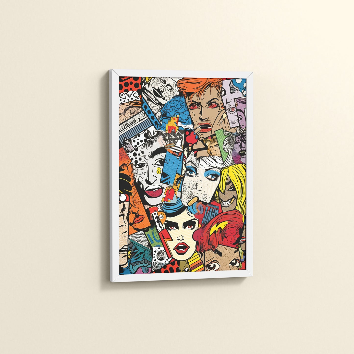 Side View of Pop Icons – Comic Fashion Collage Wall Art in White Color Frame