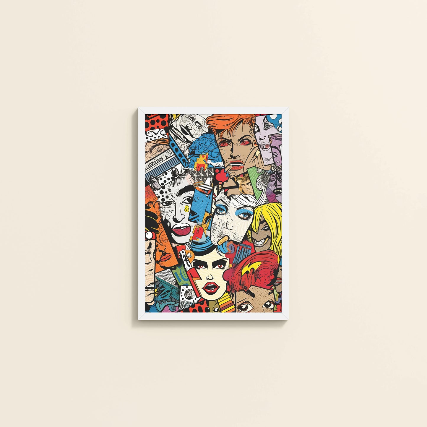 Wall View of Pop Icons – Comic Fashion Collage Wall Art in White Color Frame