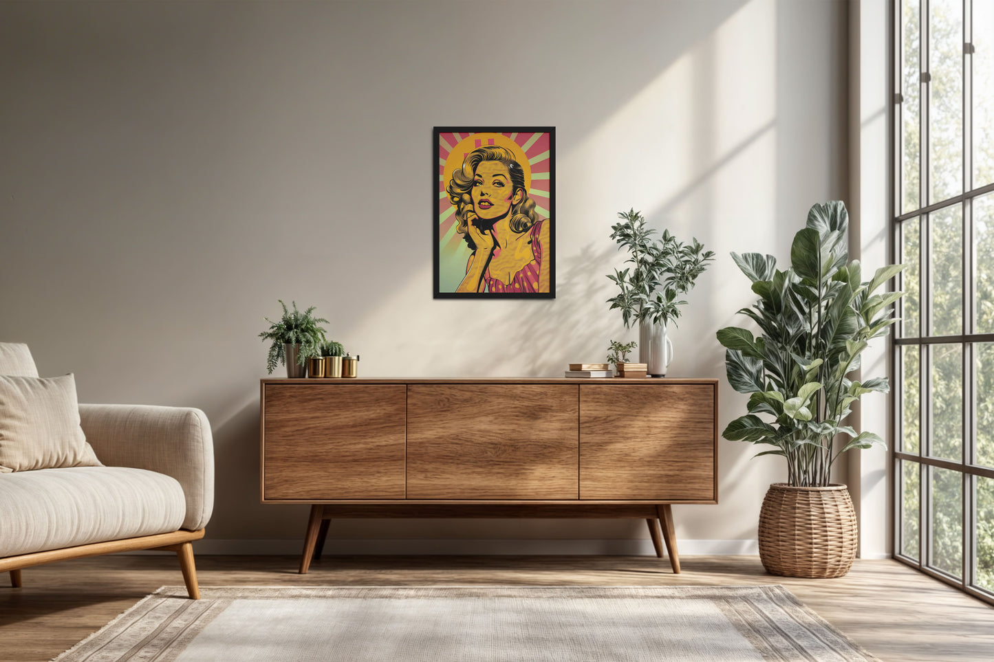 Living Room Cabinet Preview of Bold Expressions – Retro Pop Art Woman Wall Frame in Black Color Frame