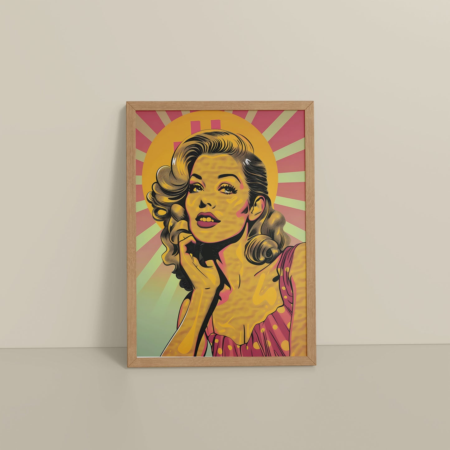 Floor View of Bold Expressions – Retro Pop Art Woman Wall Frame in Natrual Color Frame