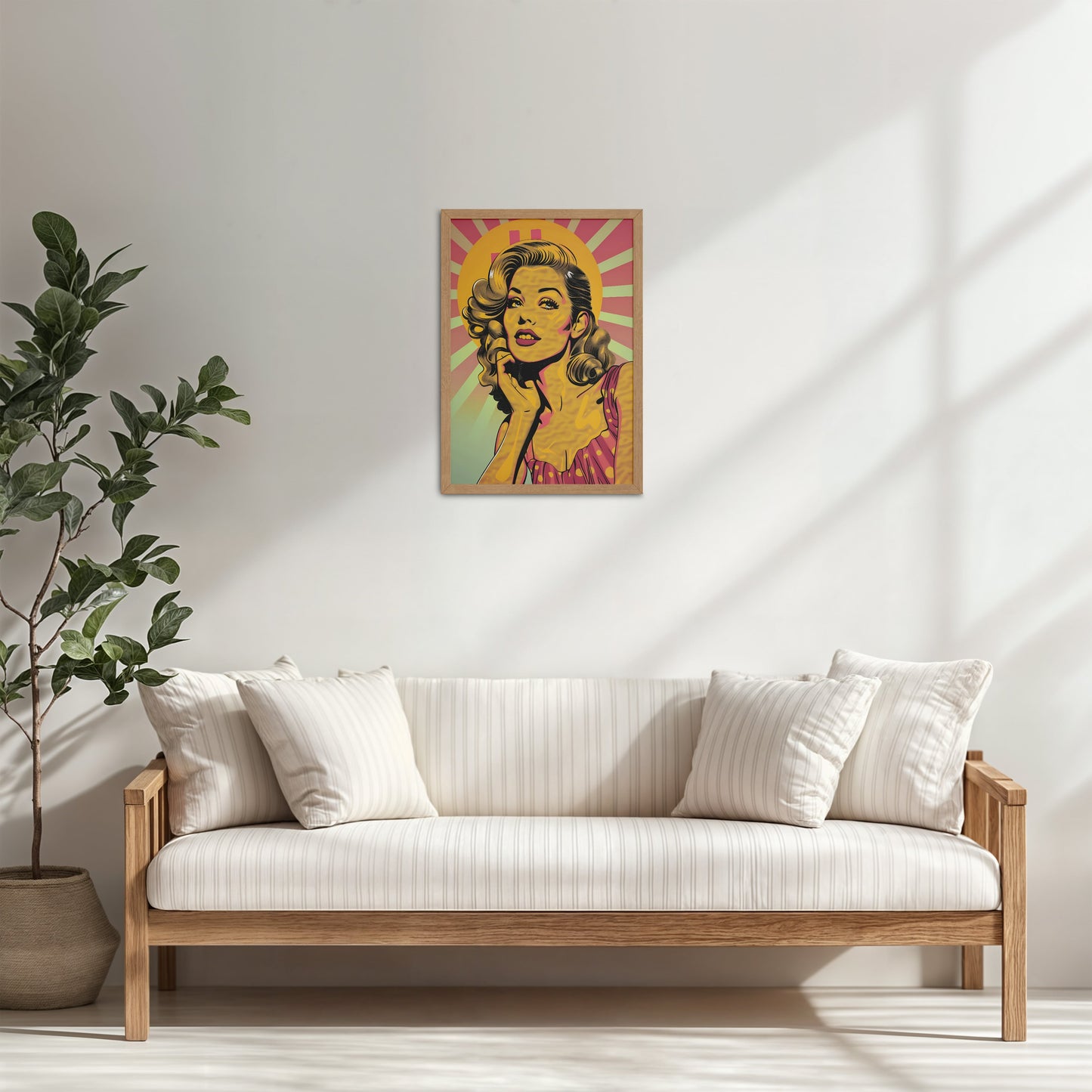 Living Room Cabinet Table Preview of Bold Expressions – Retro Pop Art Woman Wall Frame in Natrual Color Frame