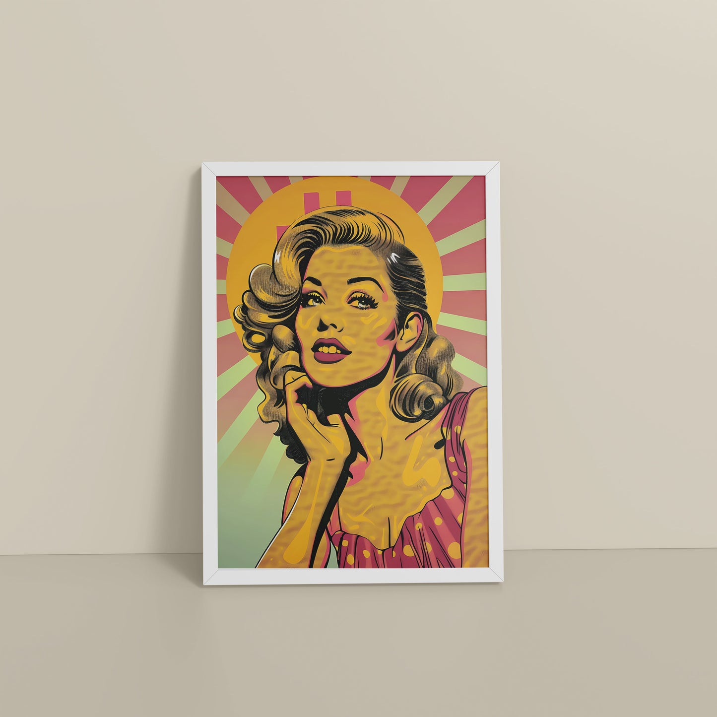 Floor View of Bold Expressions – Retro Pop Art Woman Wall Frame in White Color Frame
