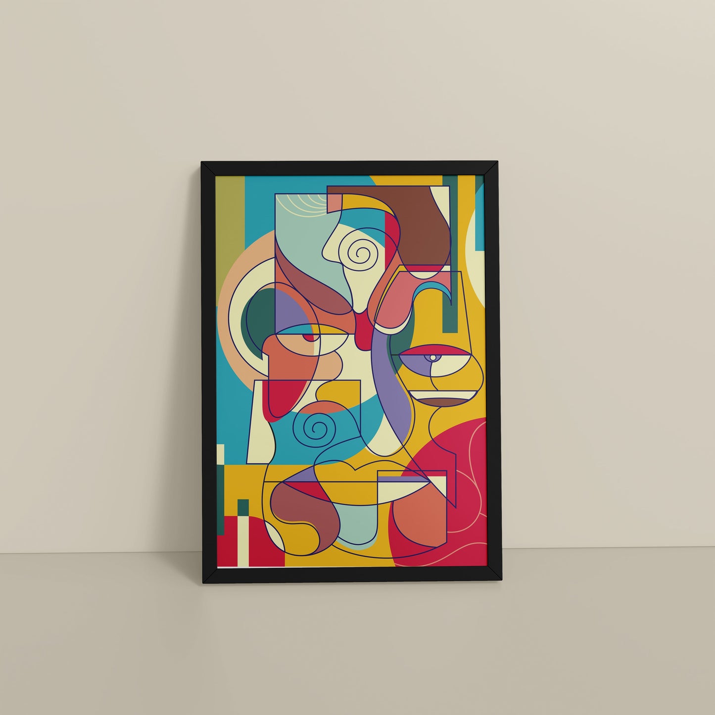 Floor View of Prism Persona Colorful Cubist Face Pop Art Painting in Black Color Frame