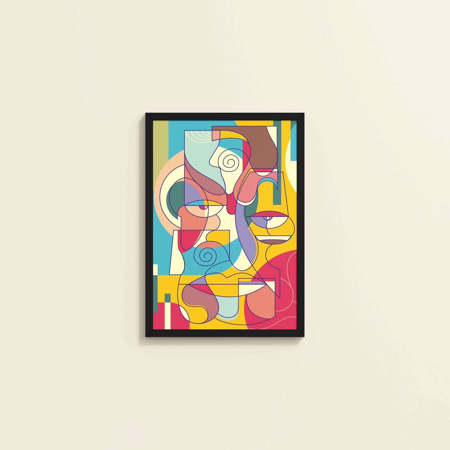Wall View of Prism Persona Colorful Cubist Face Pop Art Painting in Black Color Frame