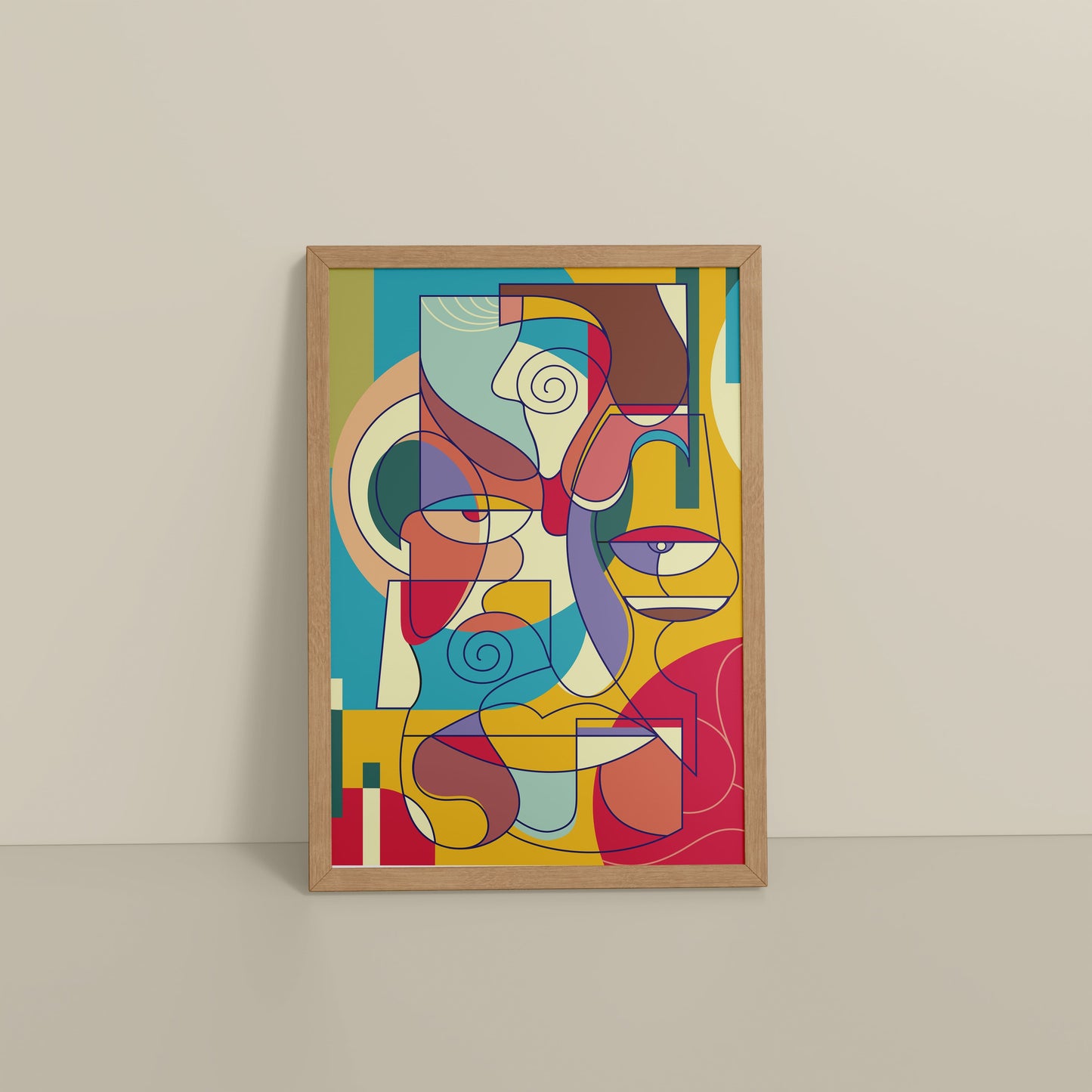 Floor View of Prism Persona Colorful Cubist Face Pop Art Painting in Natrual Color Frame