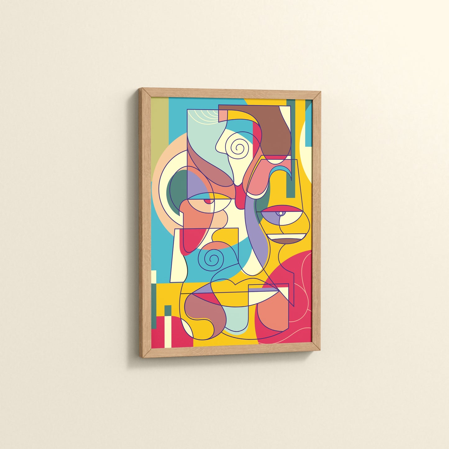 Side View of Prism Persona Colorful Cubist Face Pop Art Painting in Natrual Color Frame