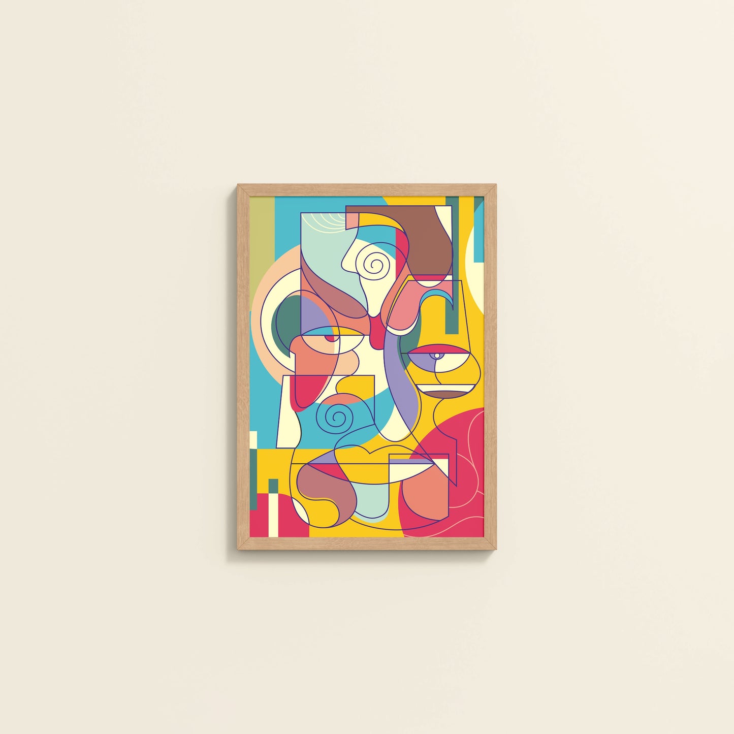 Wall View of Prism Persona Colorful Cubist Face Pop Art Painting in Natrual Color Frame