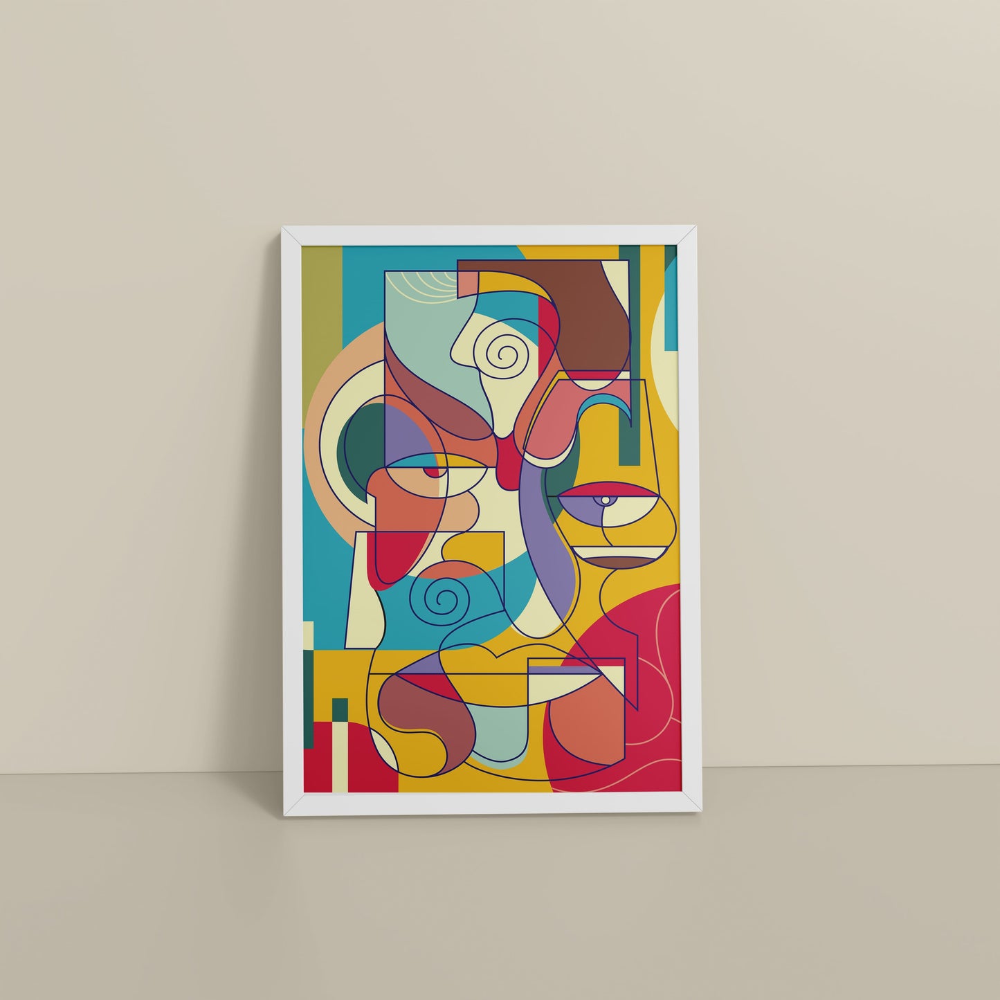 Floor View of Prism Persona Colorful Cubist Face Pop Art Painting in White Color Frame