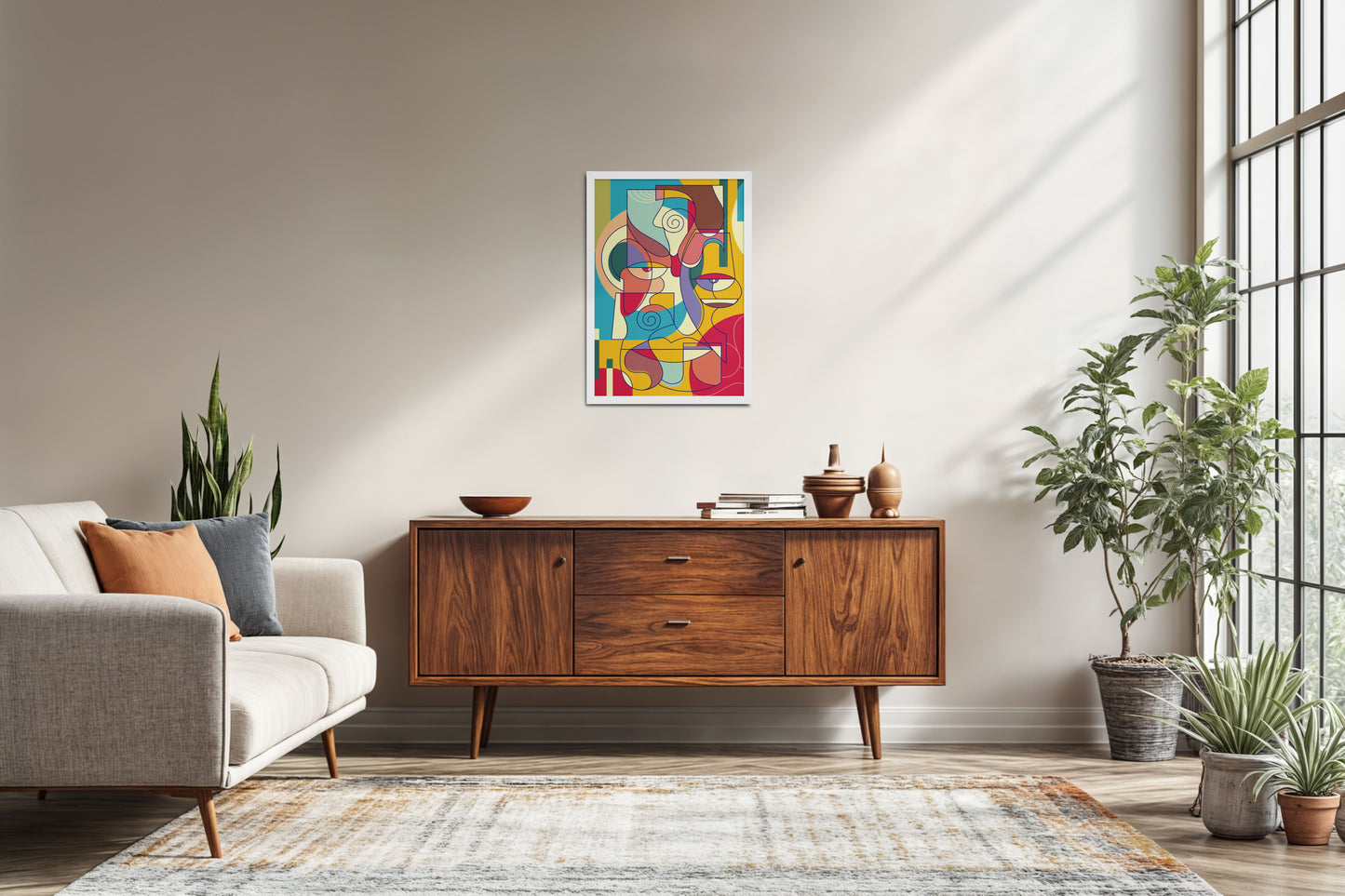 Living Room Sofa Preview of Prism Persona Colorful Cubist Face Pop Art Painting in White Color Frame
