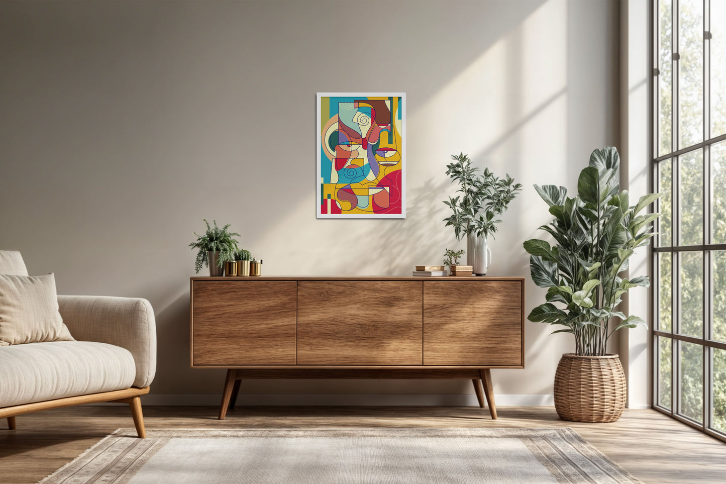Living Room Cabinet Preview of Prism Persona Colorful Cubist Face Pop Art Painting in White Color Frame