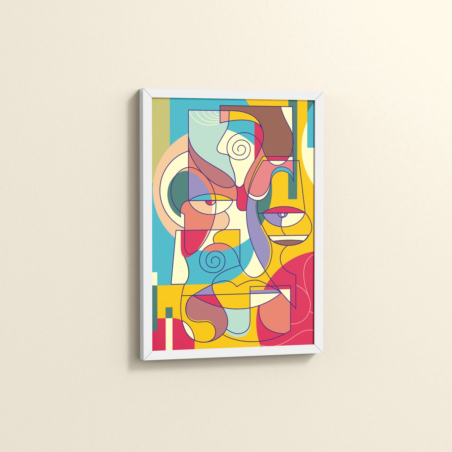 Side View of Prism Persona Colorful Cubist Face Pop Art Painting in White Color Frame