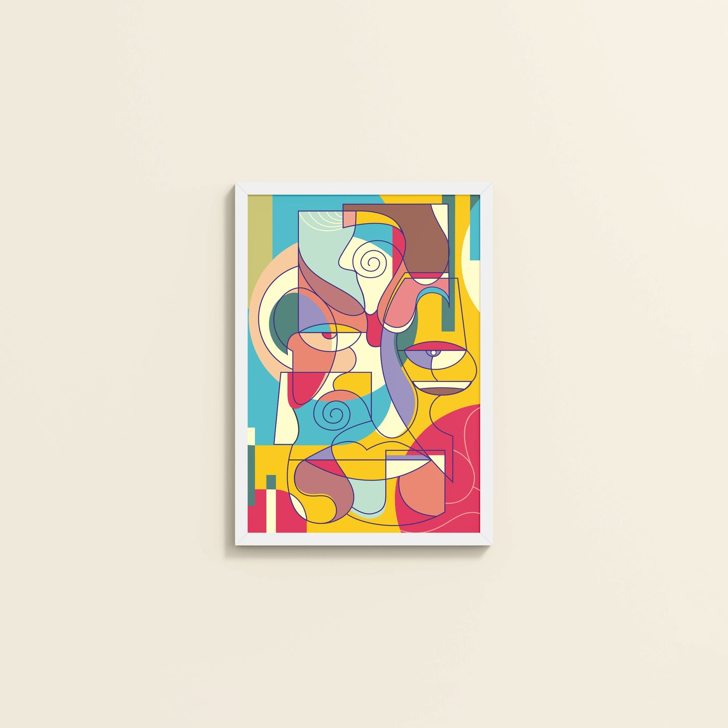 Wall View of Prism Persona Colorful Cubist Face Pop Art Painting in White Color Frame