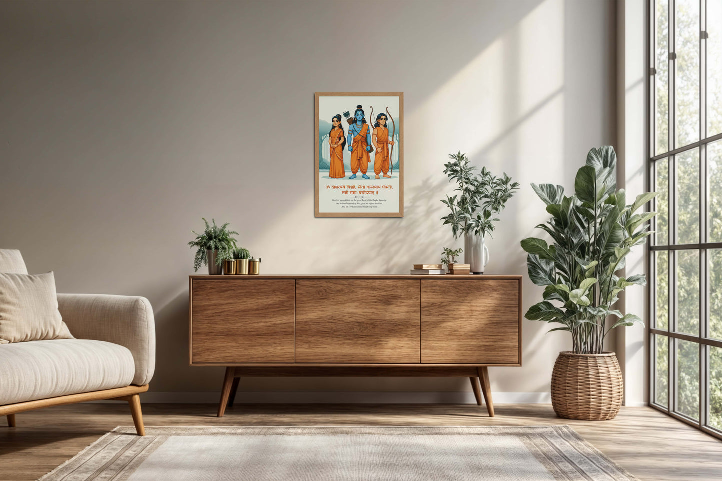 Living Room Cabinet Preview of Sacred Bond – Lord Rama, Sita & Lakshman Wall Art in Natrual Color Frame
