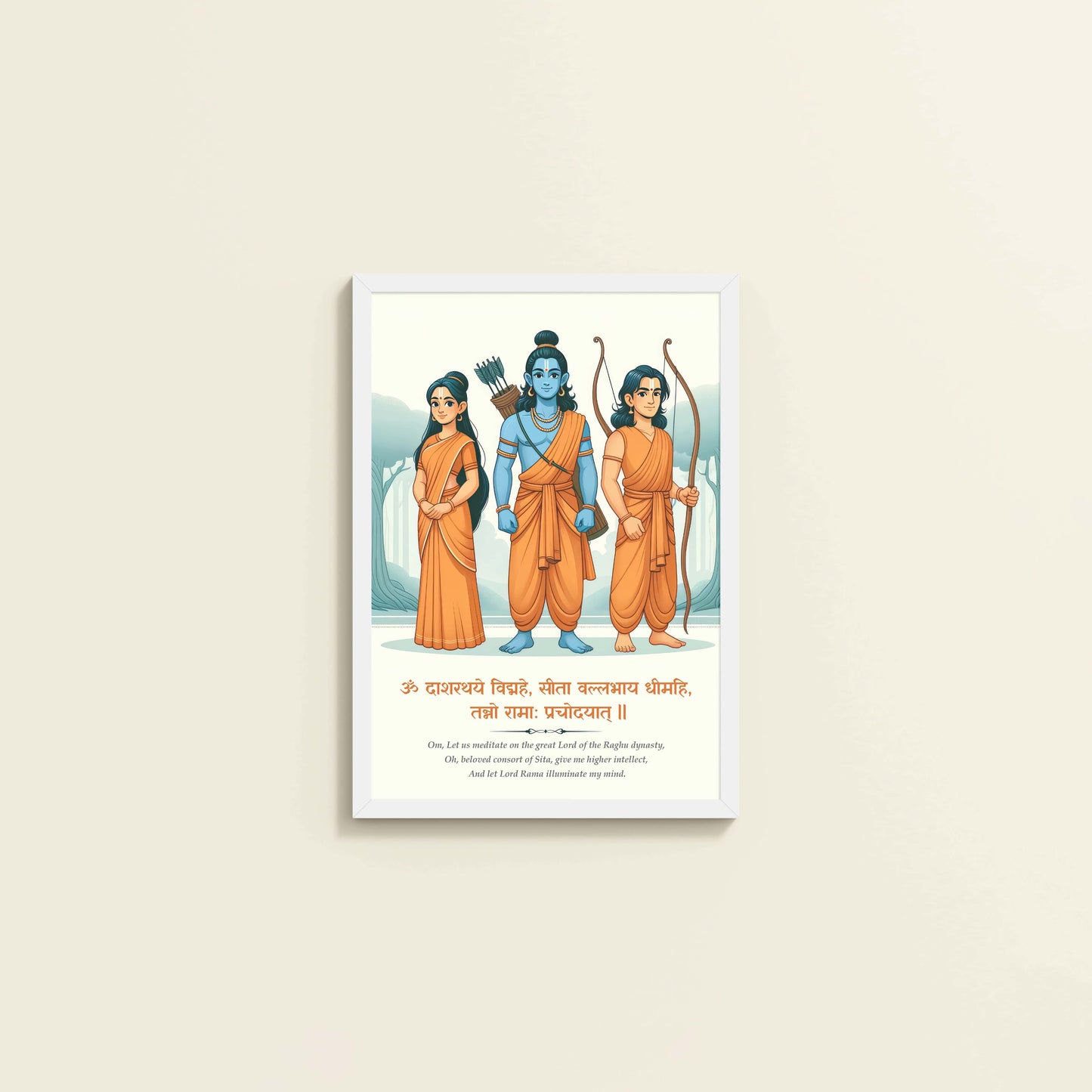 Wall View of Sacred Bond – Lord Rama, Sita & Lakshman Wall Art in White Color Frame