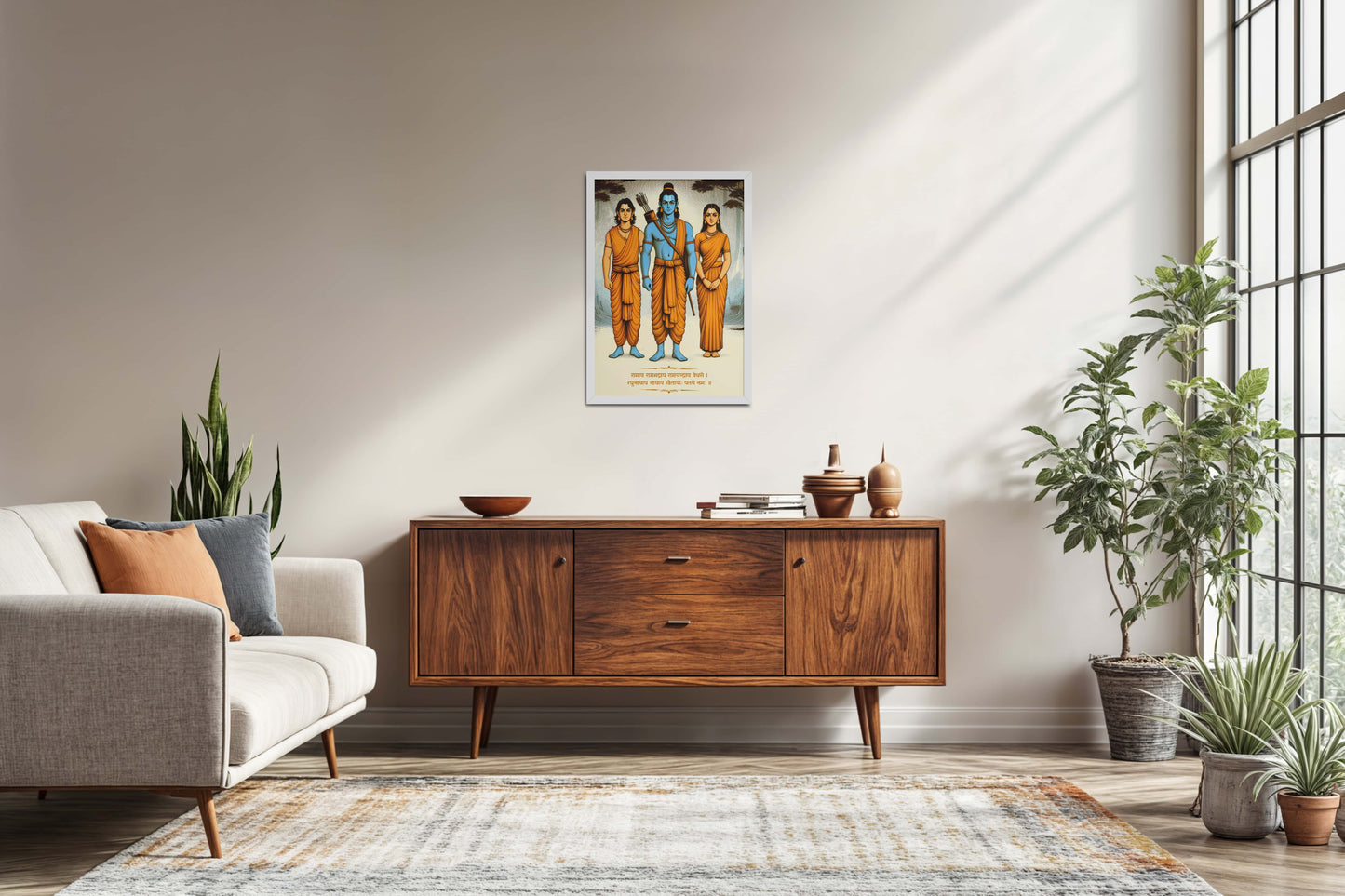 Living Room Sofa Preview of Divine Trio – Lord Rama, Lakshman, Janaki Wall Art & Painting in White Color Frame