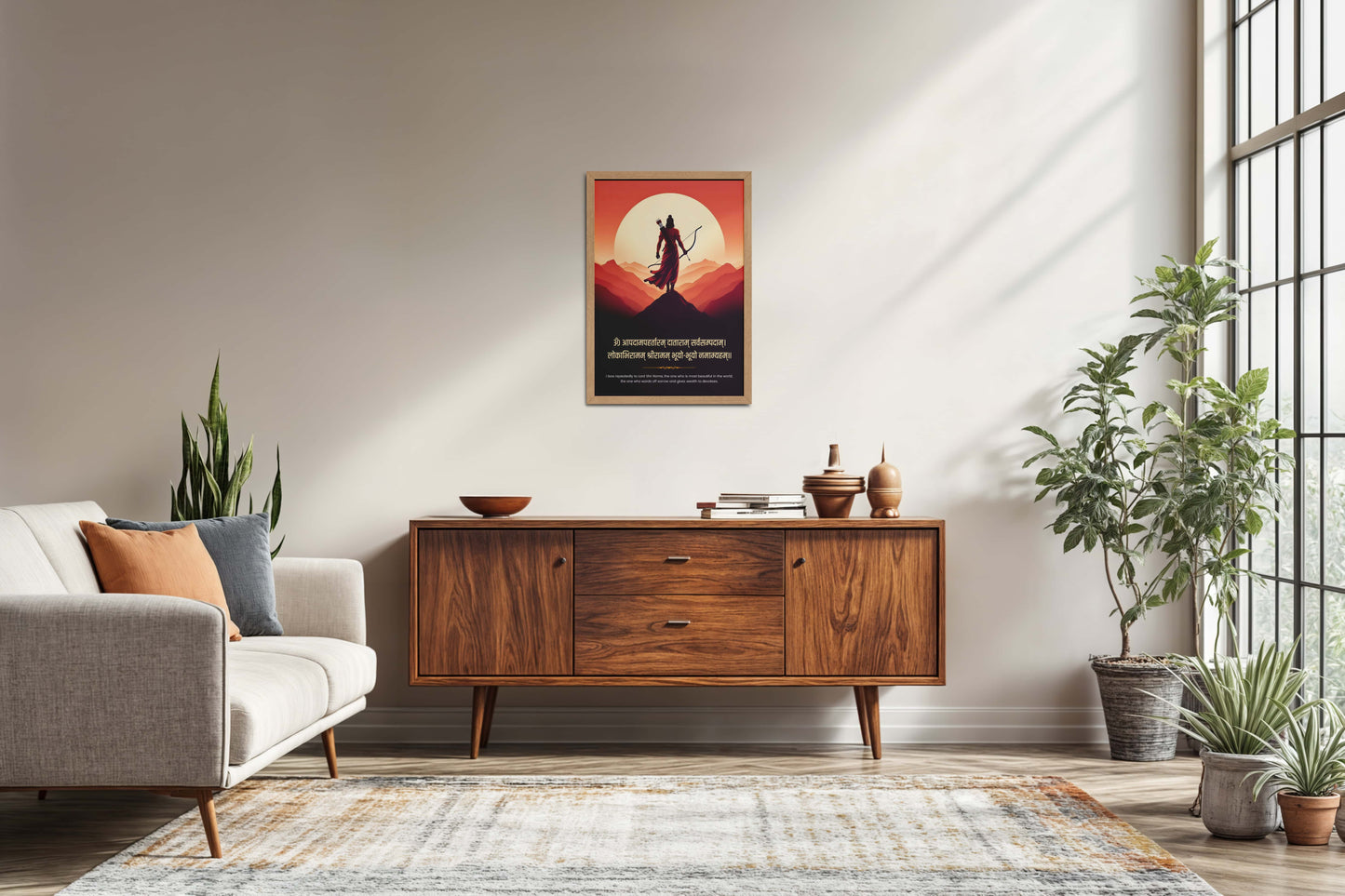 Living Room Sofa Preview of Divine Protector – Lord Ram with Bow and Sacred Mantra Wall Art in Natrual Color Frame