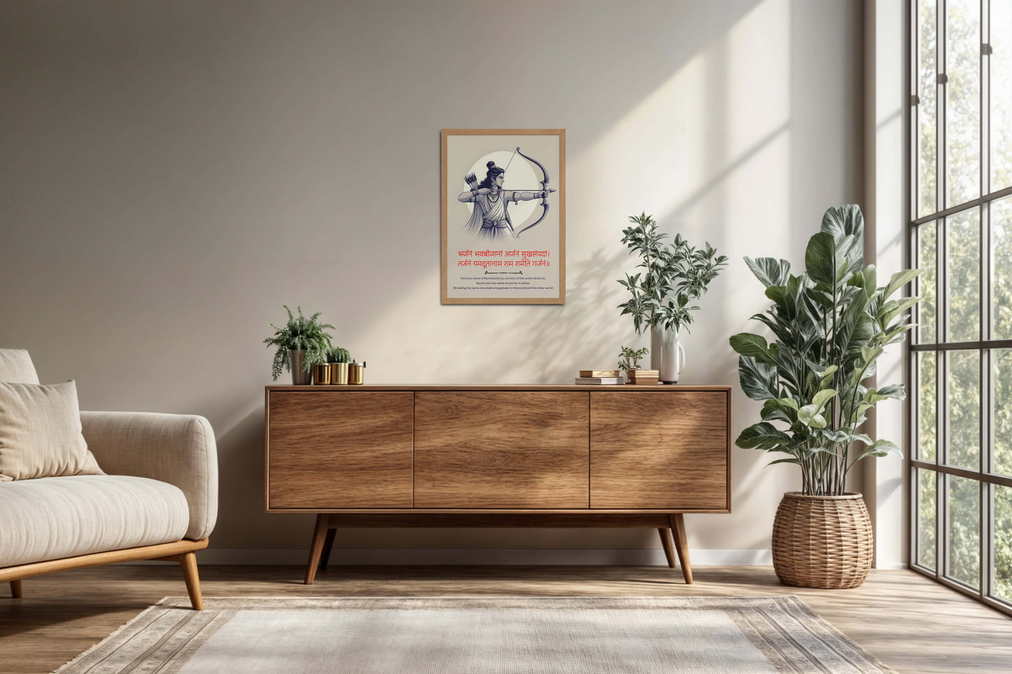 Living Room Cabinet Preview of Shri Ram with Bow – Symbol of Dharma Wall Art in Natrual Color Frame