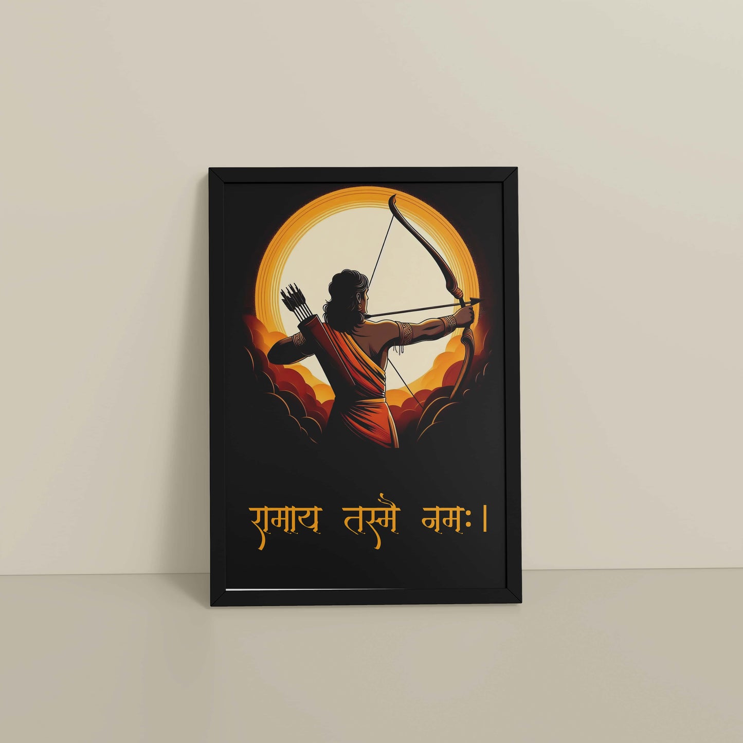 Floor View of Lord Ram with Sacred Bow – Devotional Wall Art in Black Color Frame