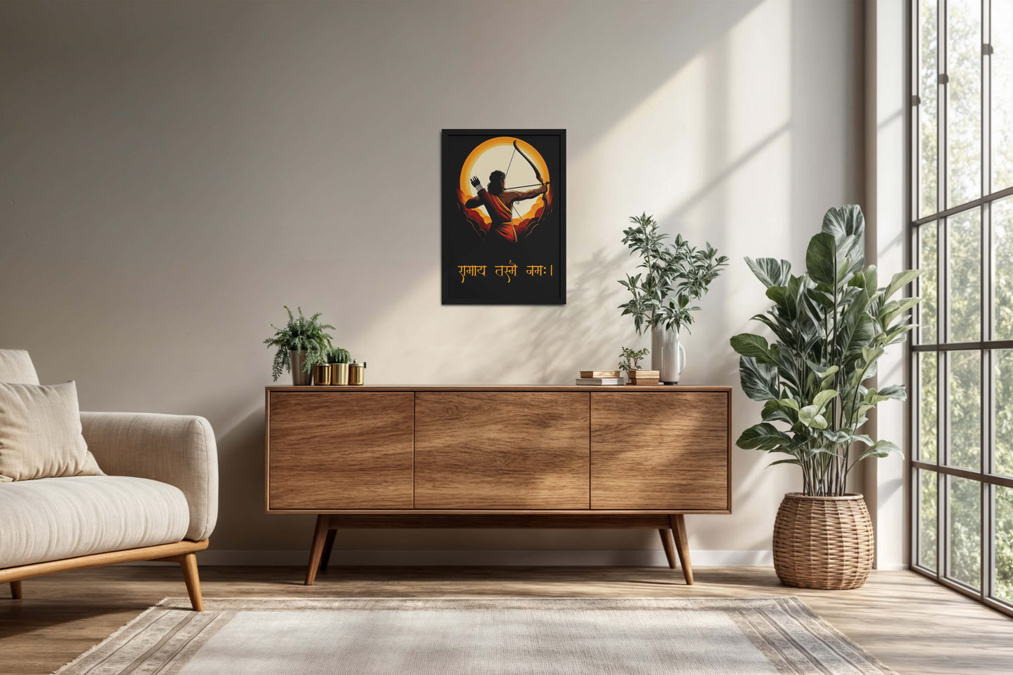 Living Room Cabinet Preview of Lord Ram with Sacred Bow – Devotional Wall Art in Black Color Frame