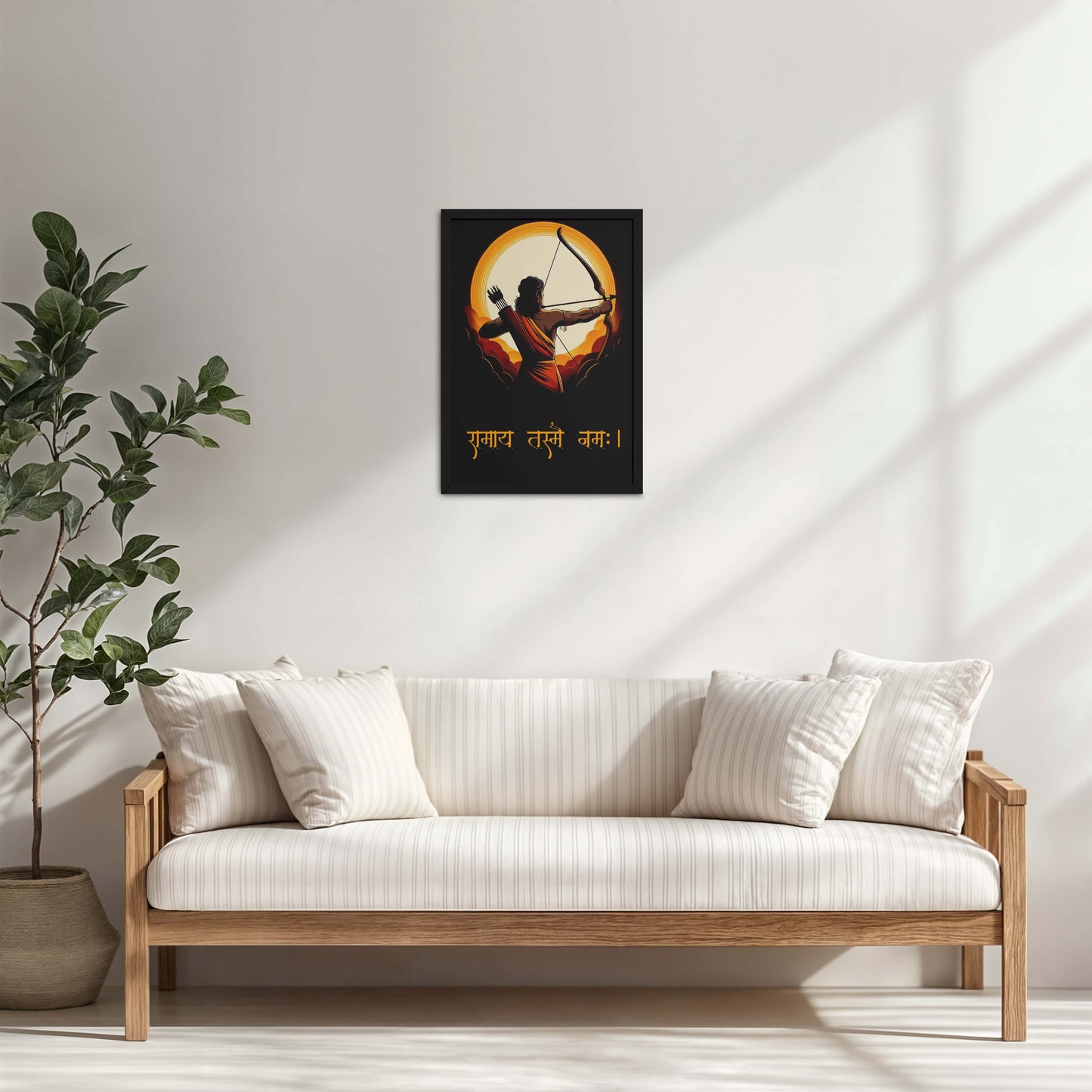 Living Room Cabinet Table Preview of Lord Ram with Sacred Bow – Devotional Wall Art in Black Color Frame
